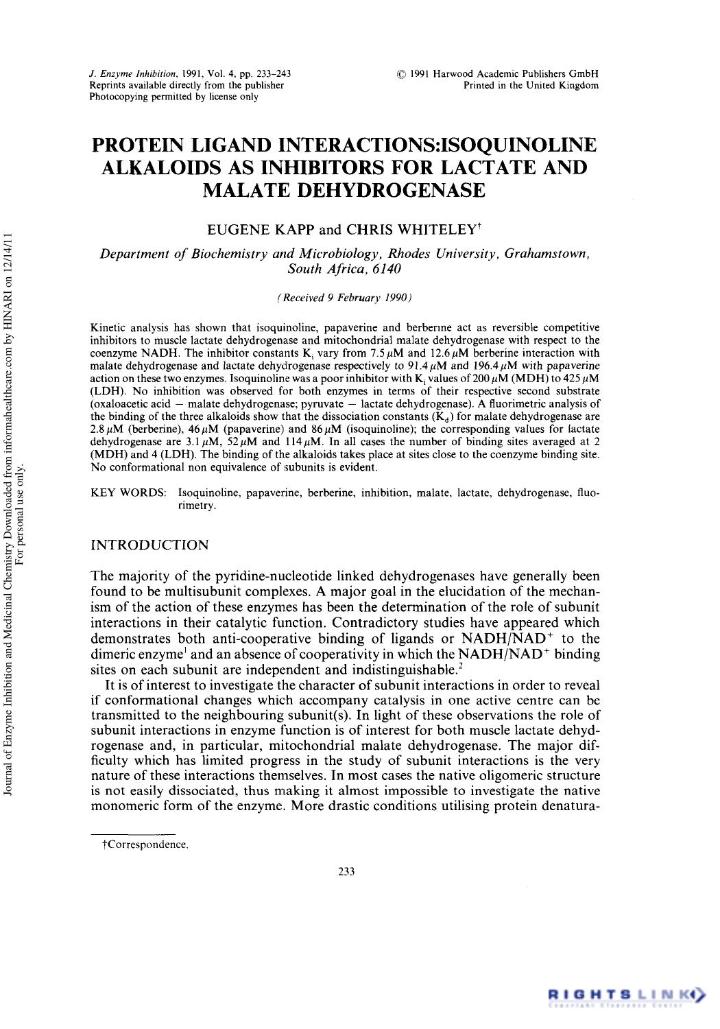 Protein Ligand Interactions: Isoquinoline Alkaloids as Inhibitors for Lactate and Malate Dehydrogenase by Eugene Kapp & Chris Whiteley