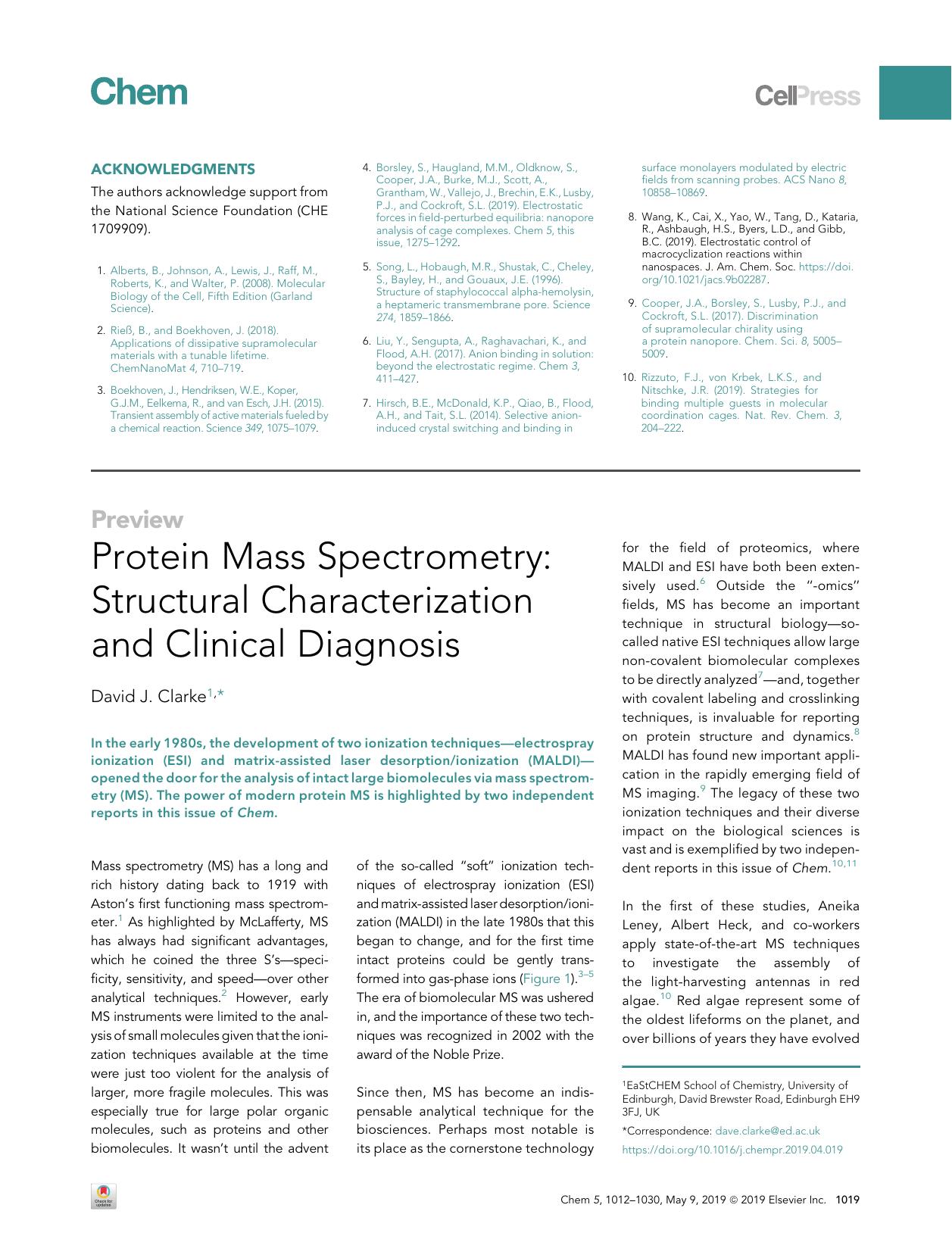 Protein Mass Spectrometry: Structural Characterization and Clinical Diagnosis by David J. Clarke