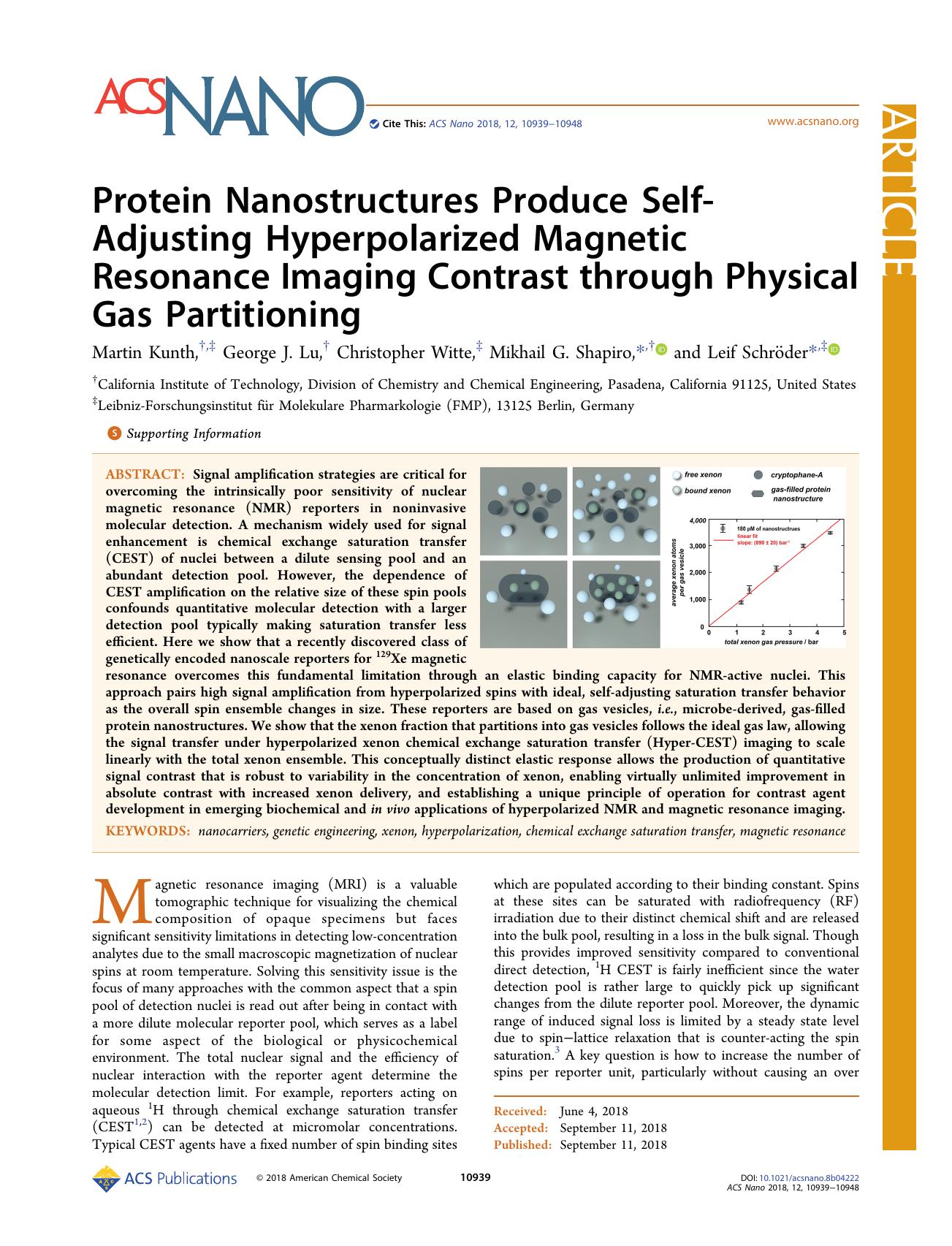 Protein Nanostructures Produce Self-Adjusting Hyperpolarized Magnetic Resonance Imaging Contrast through Physical Gas Partitioning by Martin Kunth George J. Lu Christopher Witte Mikhail G. Shapiro and Leif Schröder