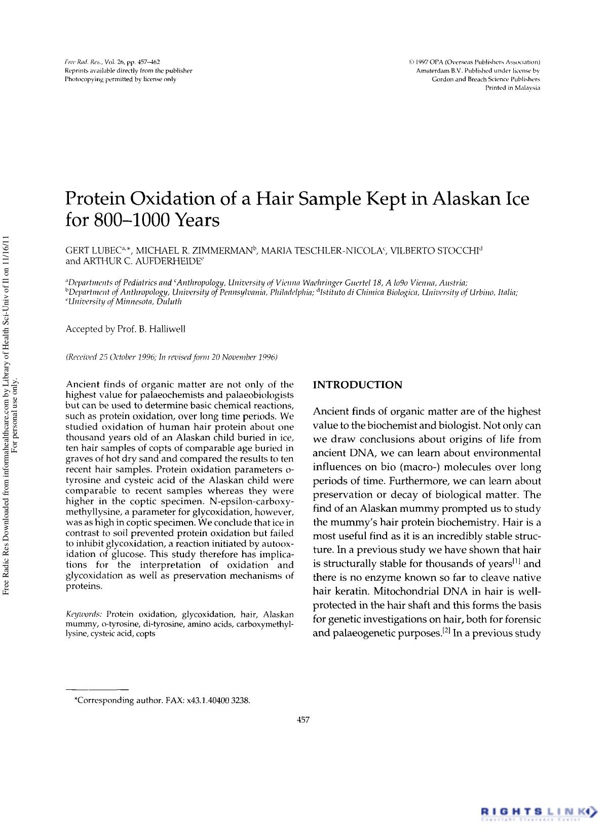 Protein Oxidation of a Hair Sample Kept in Alaskan Ice for 800â1000 Years by unknow