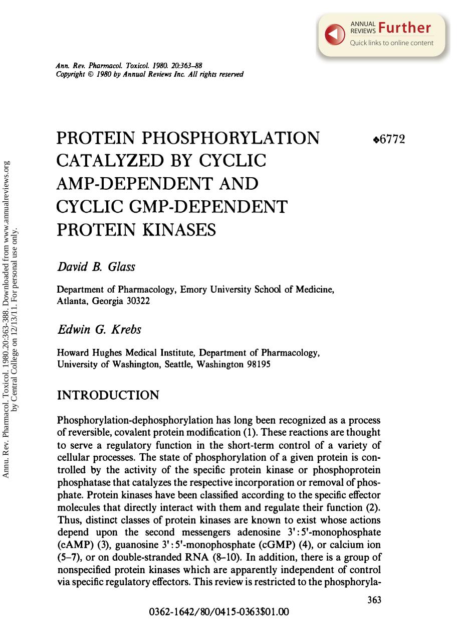 Protein Phosphorylation Catalyzed by Cyclic AMP-Dependent and Cyclic GMP-Dependent Protein Kinases by D B Glass & E G Krebs