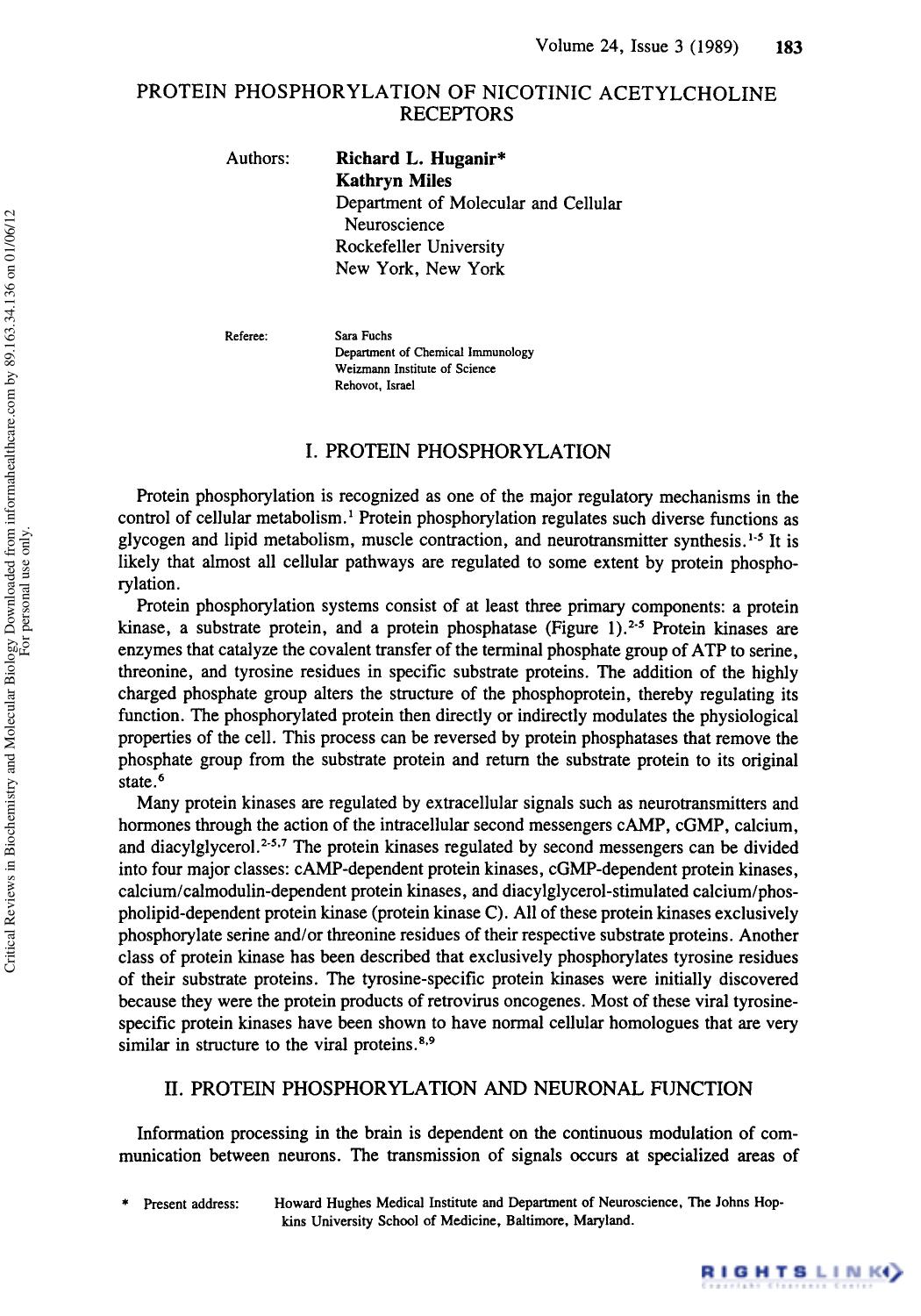Protein Phosphorylation of Nicotinic Acetylcholine Receptor by Richard L. Huganir & Kathryn Miles