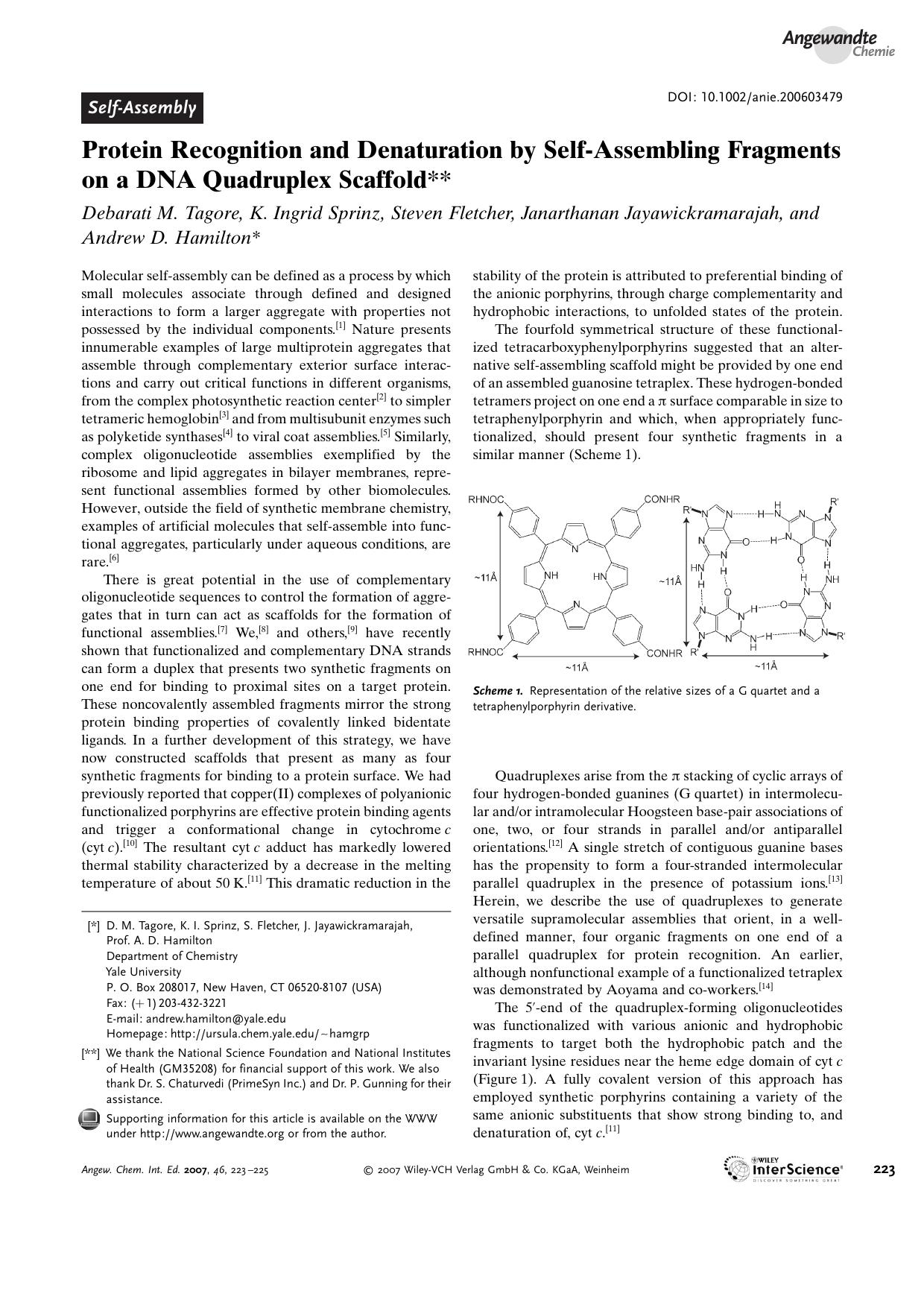 Protein Recognition and Denaturation by Self-Assembling Fragments on a DNA Quadruplex Scaffold by Unknown