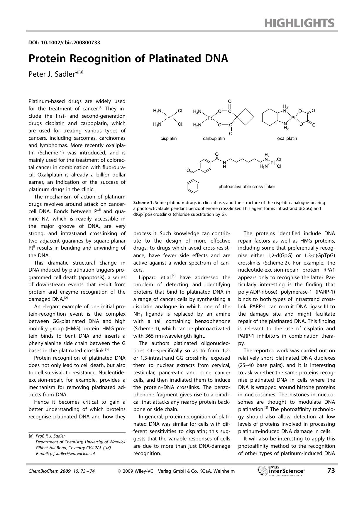 Protein Recognition of Platinated DNA by Unknown