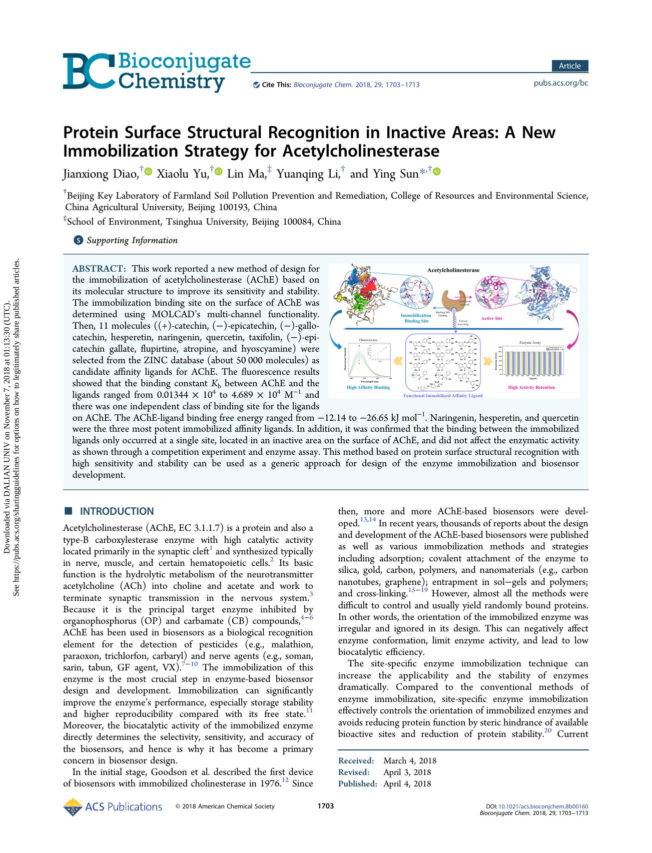 Protein Surface Structural Recognition in Inactive Areas: A New Immobilization Strategy for Acetylcholinesterase by Jianxiong Diao & Xiaolu Yu & Lin Ma & Yuanqing Li & Ying Sun