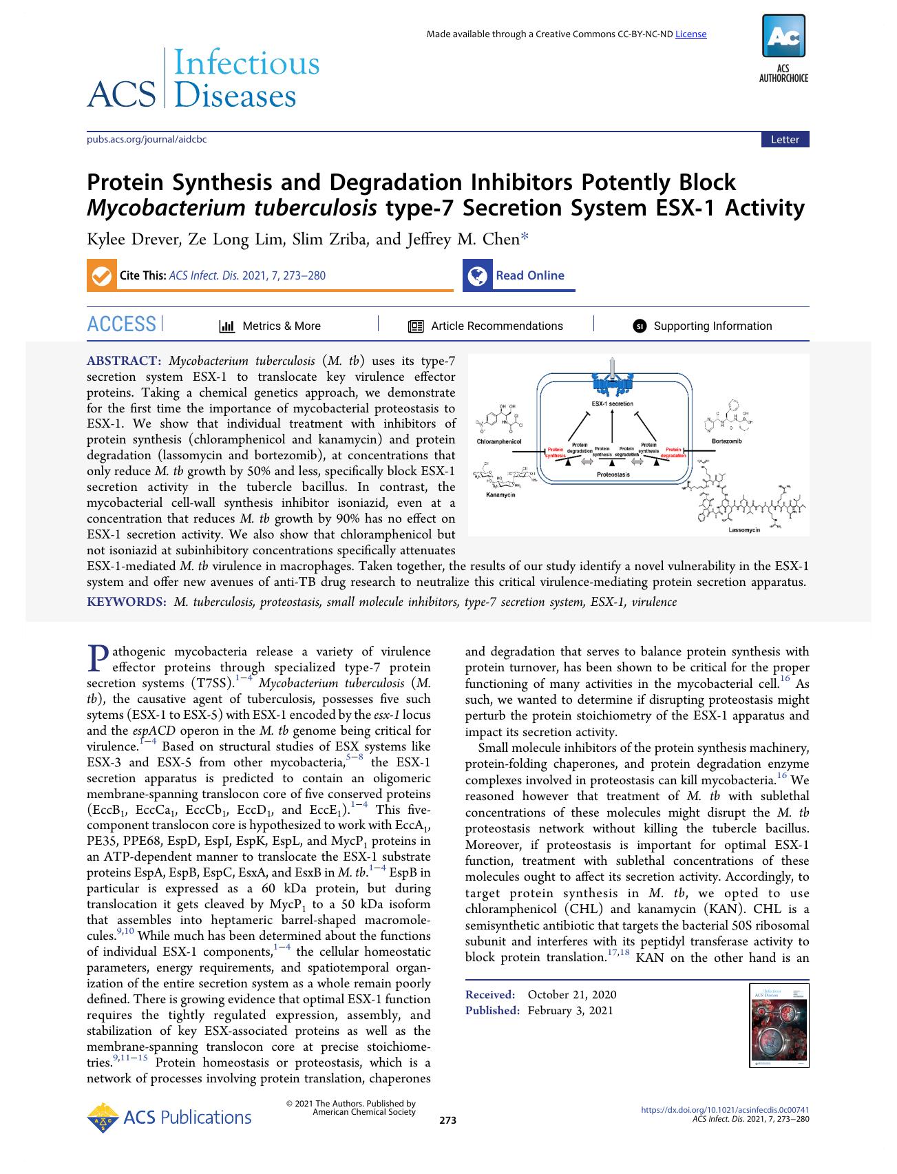 Protein Synthesis and Degradation Inhibitors Potently Block Mycobacterium tuberculosis type-7 Secretion System ESX-1 Activity by Kylee Drever Ze Long Lim Slim Zriba and Jeffrey M. Chen