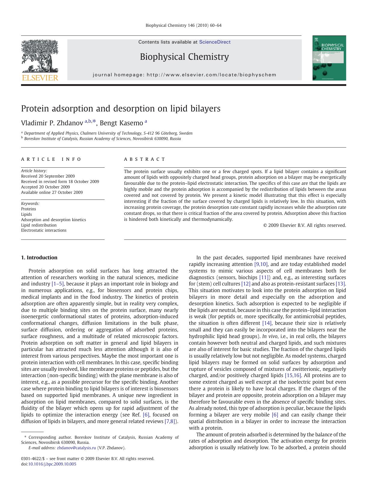 Protein adsorption and desorption on lipid bilayers by Vladimir P. Zhdanov; Bengt Kasemo