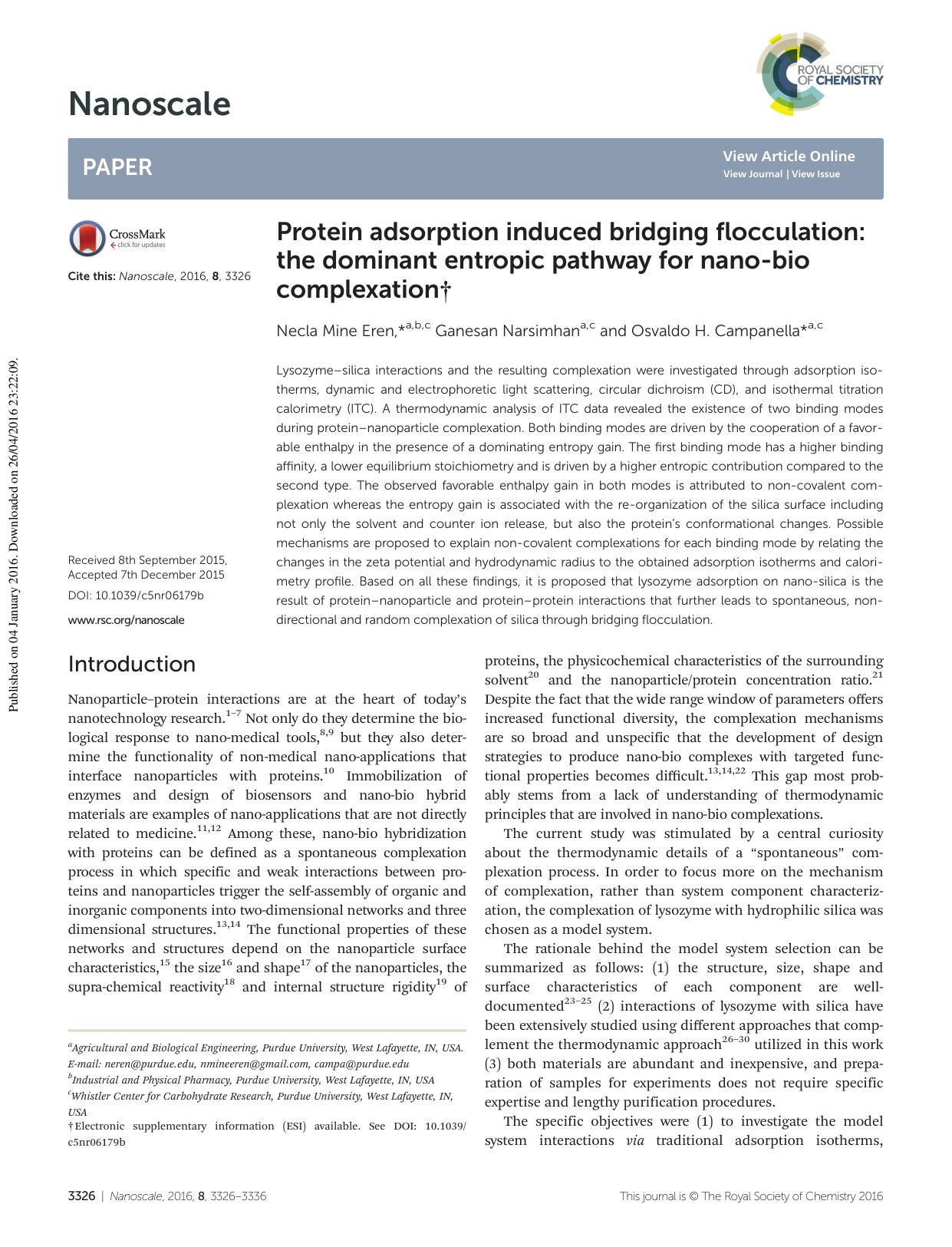 Protein adsorption induced bridging flocculation: the dominant entropic pathway for nano-bio complexation by Necla Mine Eren Ganesan Narsimhan Osvaldo H. Campanella