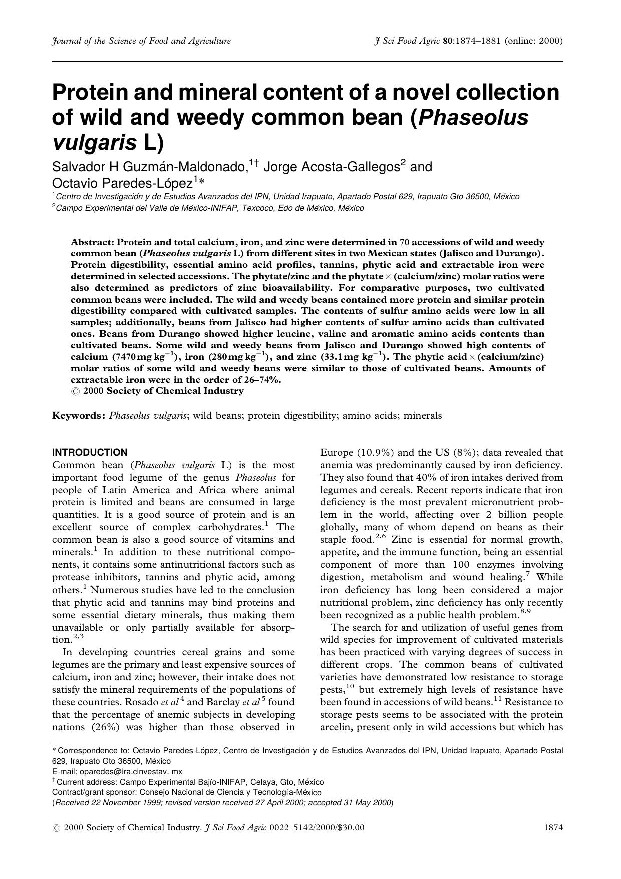 Protein and mineral content of a novel collection of wild and weedy common bean (Phaseolus vulgaris L) by Unknown