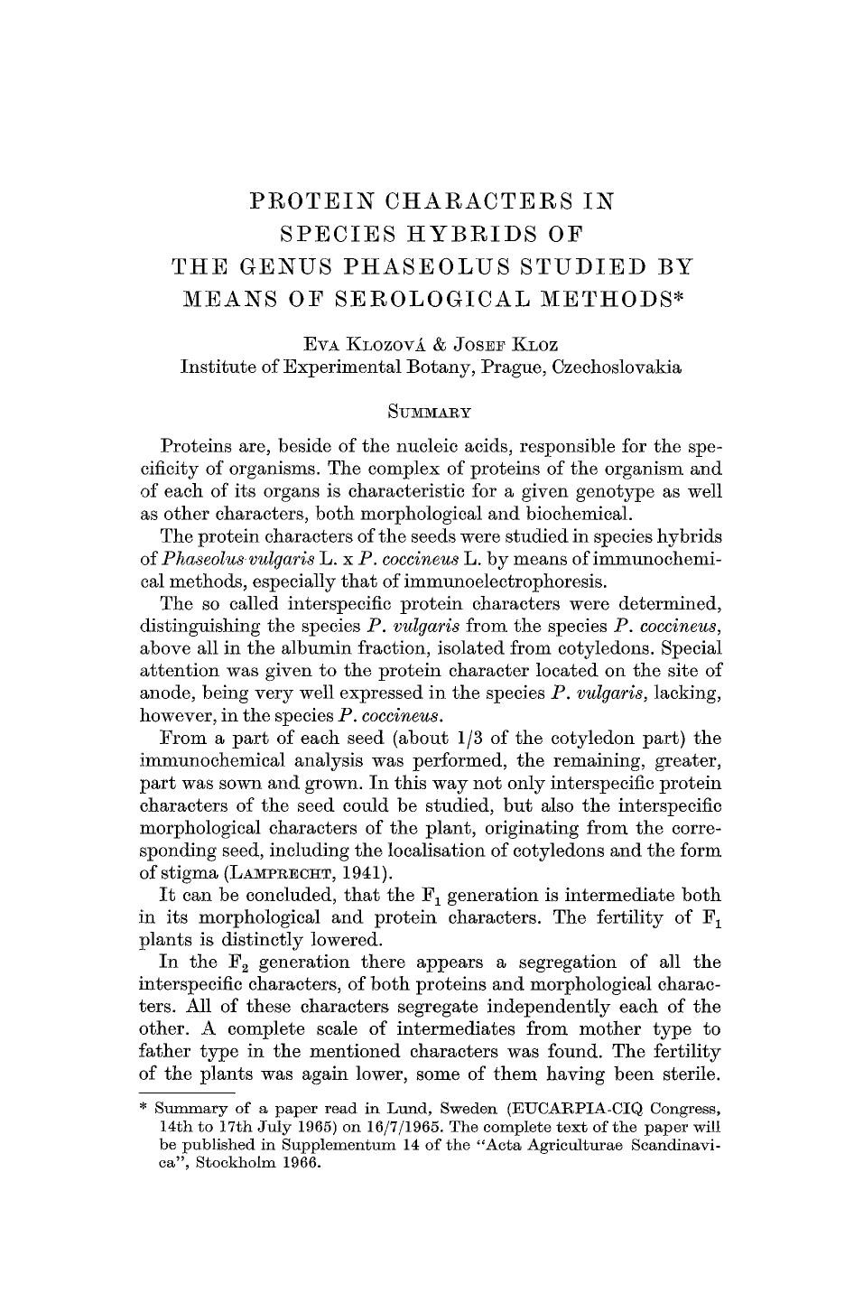 Protein characters in species hybrids of the genus phaseolus studied by means of serological methods by Unknown