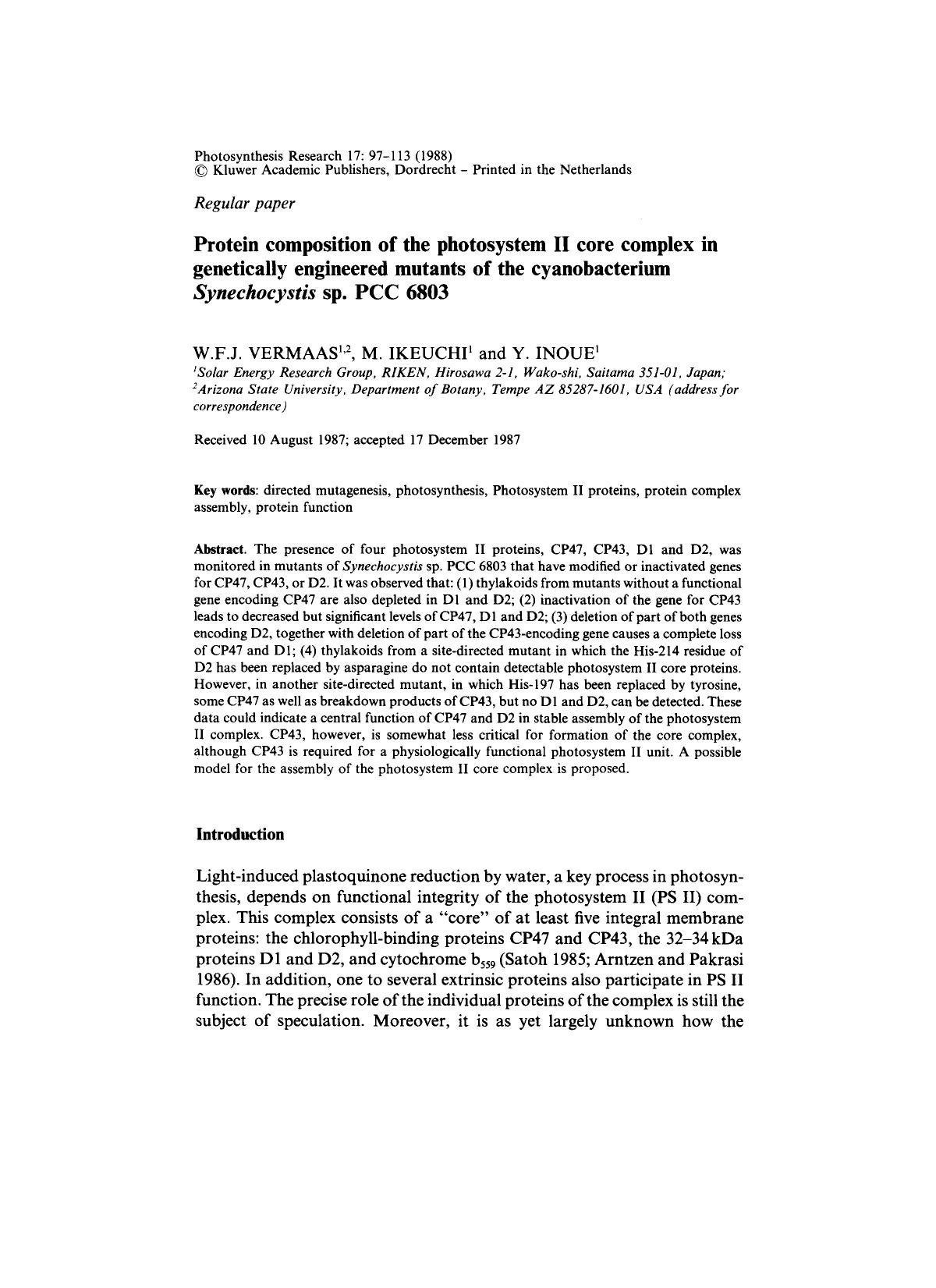 Protein composition of the photosystem II core complex in genetically engineered mutants of the cyanobacterium <Emphasis Type="Italic">Synechocystis <Emphasis> sp. PCC 6803 by Unknown