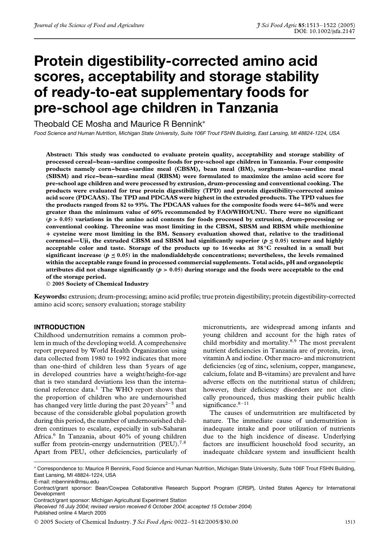 Protein digestibility-corrected amino acid scores, acceptability and storage stability of ready-to-eat supplementary foods for pre-school age children in Tanzania by Unknown