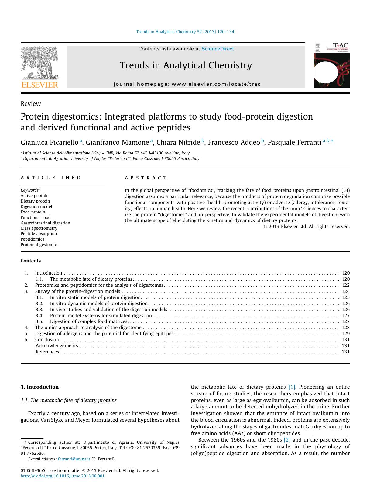 Protein digestomics: Integrated platforms to study food-protein digestion and derived functional and active peptides by Gianluca Picariello & Gianfranco Mamone & Chiara Nitride & Francesco Addeo & Pasquale Ferranti