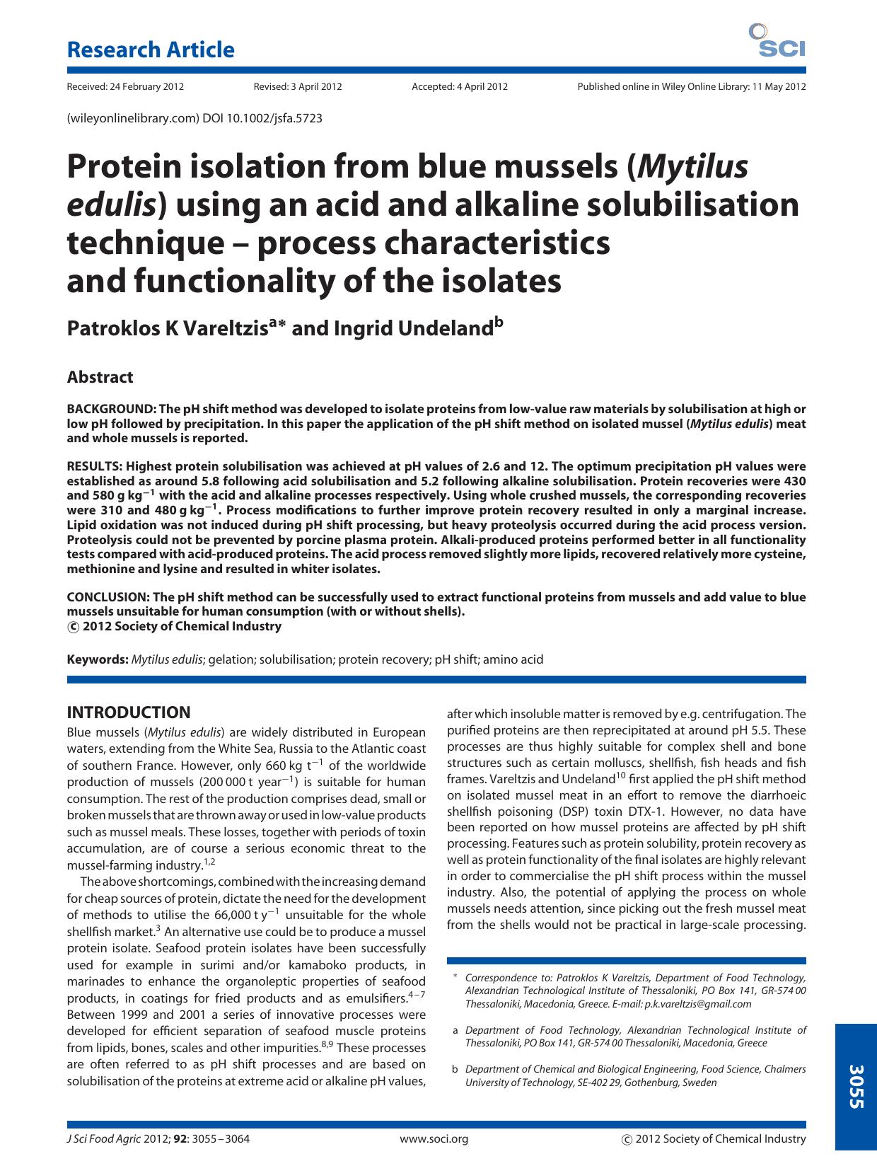 Protein isolation from blue mussels (Mytilus edulis) using an acid and alkaline solubilisation techniqueprocess characteristics and functionality of the isolates by Unknown