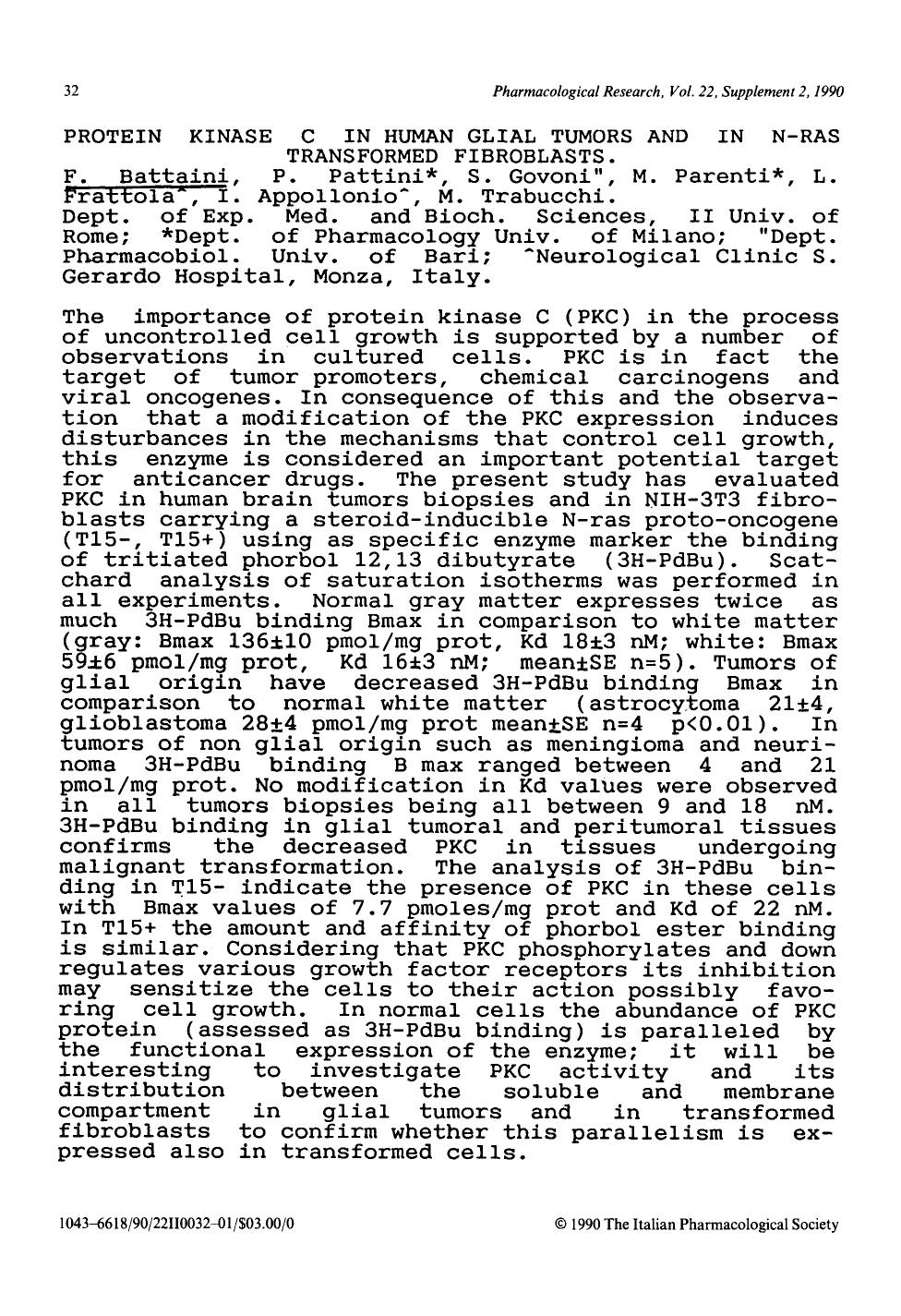 Protein kinase C in human glial tumors and in N-ras transformed fibroblasts by F. Battaini; P. Pattini; S. Govoni; M. Parenti; L. Frattola; I. Appollonio; M. Trabucchi
