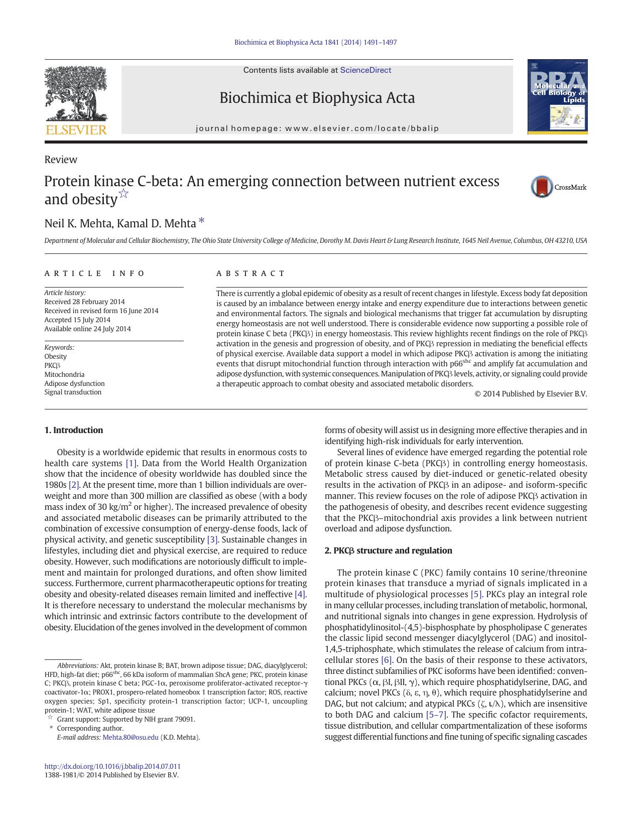 Protein kinase C-beta: An emerging connection between nutrient excess and obesity by Neil K. Mehta & Kamal D. Mehta
