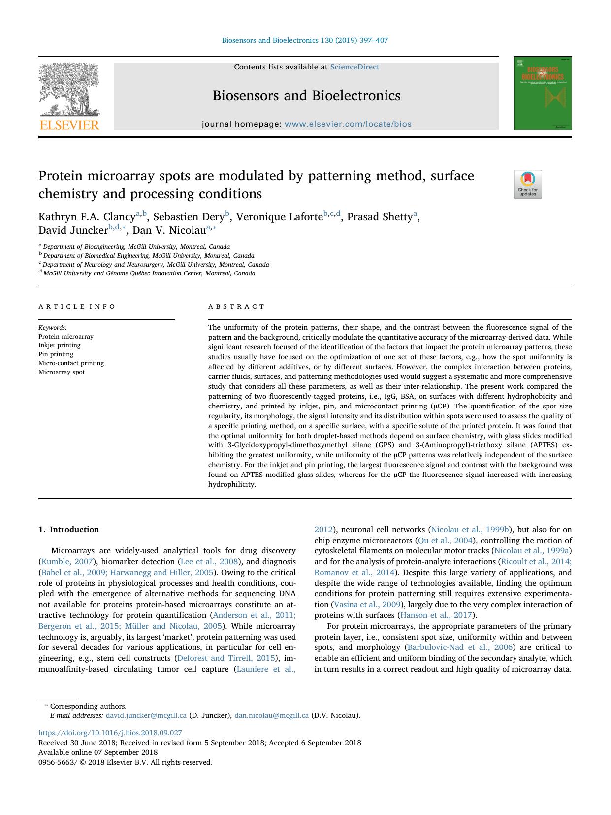 Protein microarray spots are modulated by patterning method, surface chemistry and processing conditions by unknow