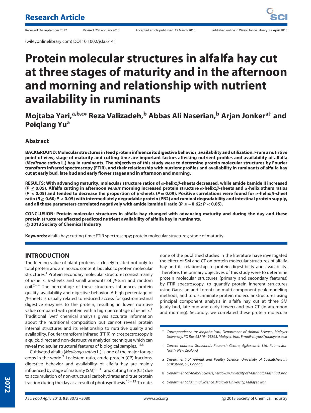 Protein molecular structures in alfalfa hay cut at three stages of maturity and in the afternoon and morning and relationship with nutrient availability in ruminants by Unknown