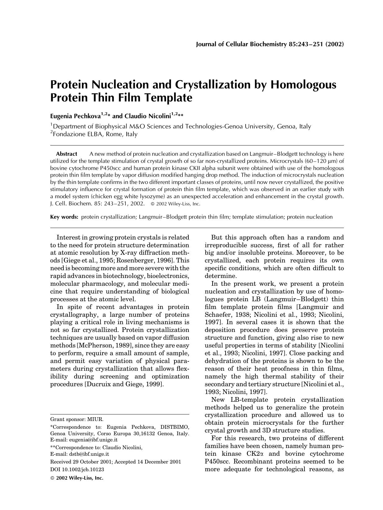 Protein nucleation and crystallization by homologous protein thin film template by Unknown