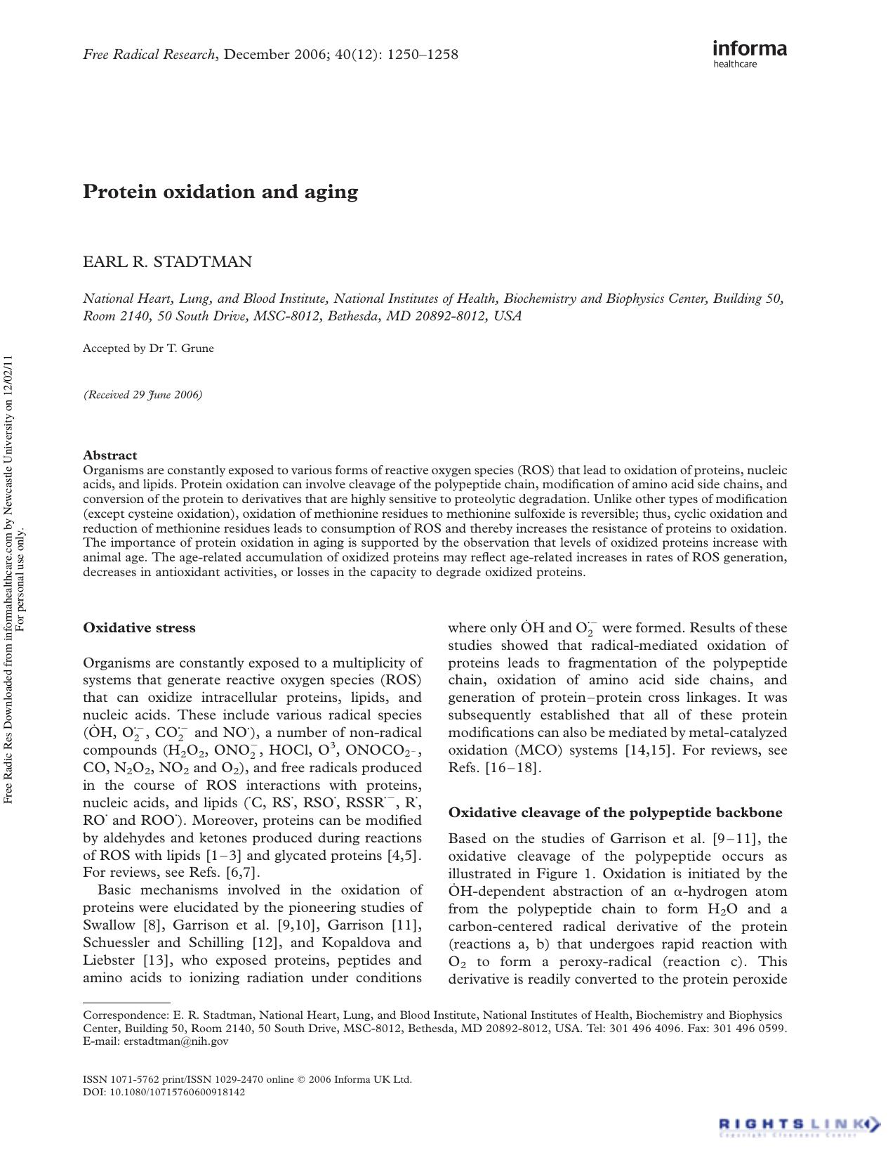 Protein oxidation and aging by Earl R. Stadtman†