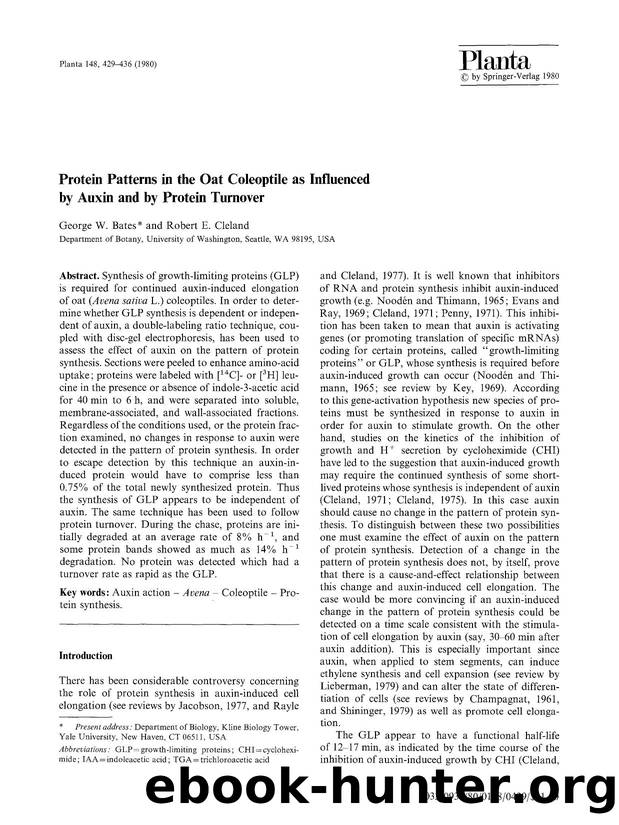 Protein patterns in the oat coleoptile as influenced by auxin and by protein turnover by Unknown