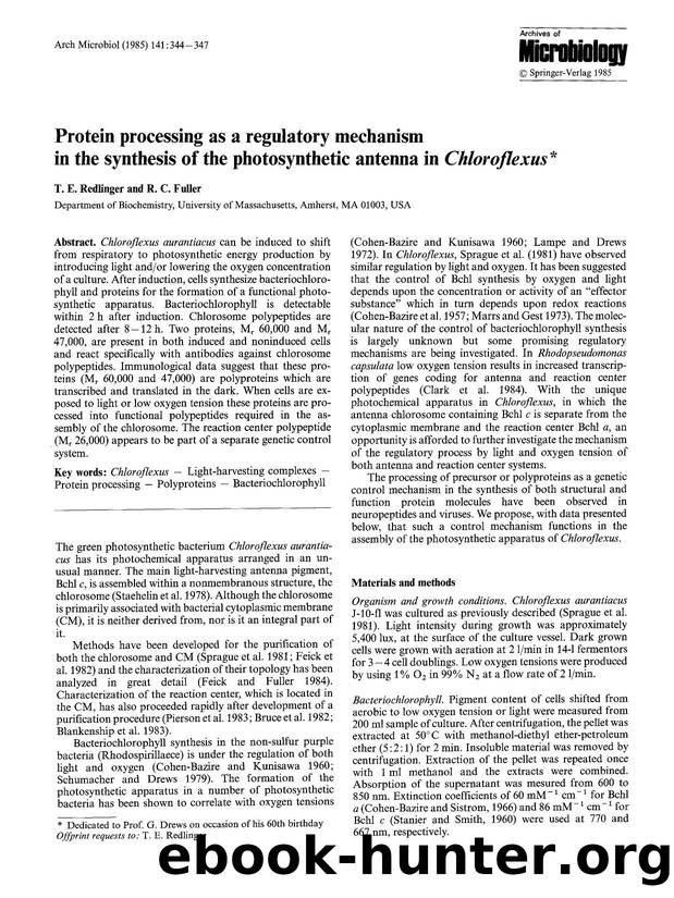 Protein processing as a regulatory mechanism in the synthesis of the photosynthetic antenna in <Emphasis Type="Italic">Chloroflexus<Emphasis> by Unknown