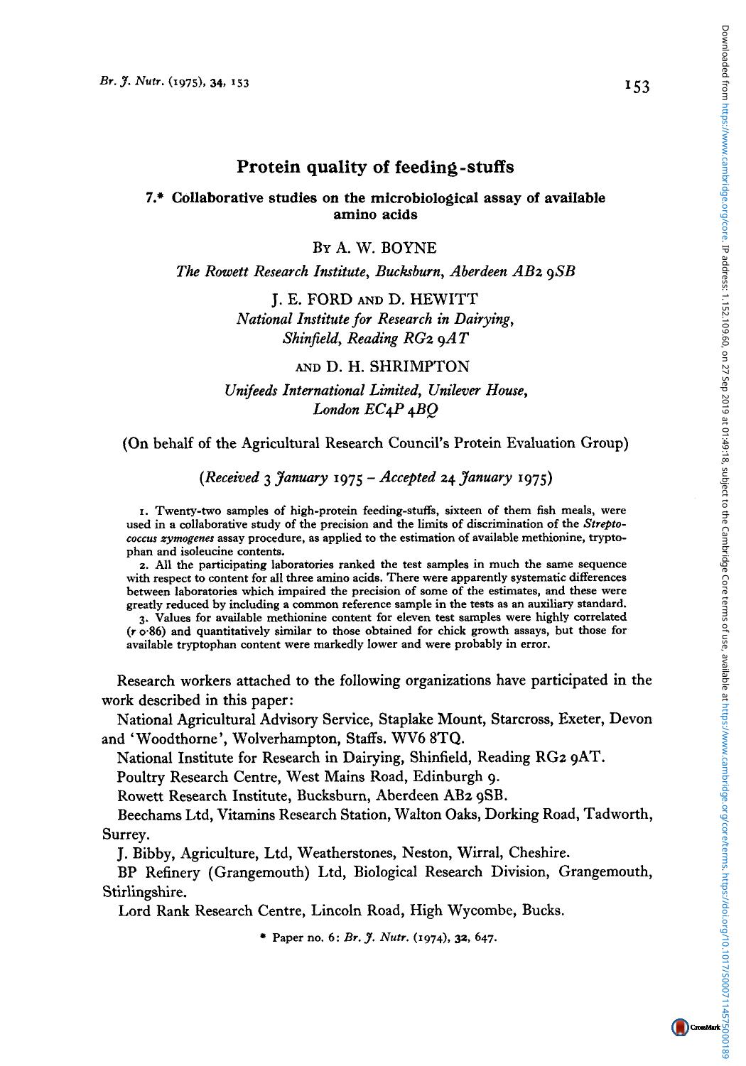 Protein quality of feeding-stuffs by A. W. Boyne J. E. Ford D. Hewitt & D. H. Shrimpton