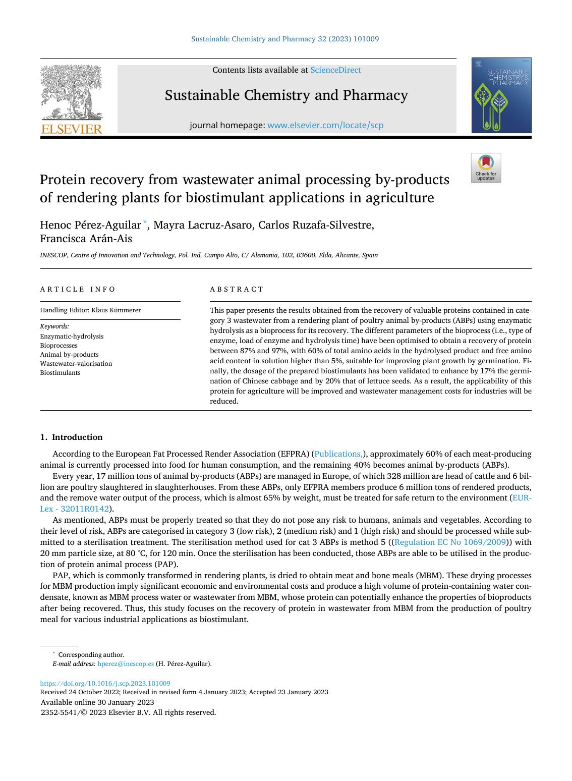 Protein recovery from wastewater animal processing by-products of rendering plants for biostimulant applications in agriculture by Henoc Pérez-Aguilar & Mayra Lacruz-Asaro & Carlos Ruzafa-Silvestre & Francisca Arán-Ais