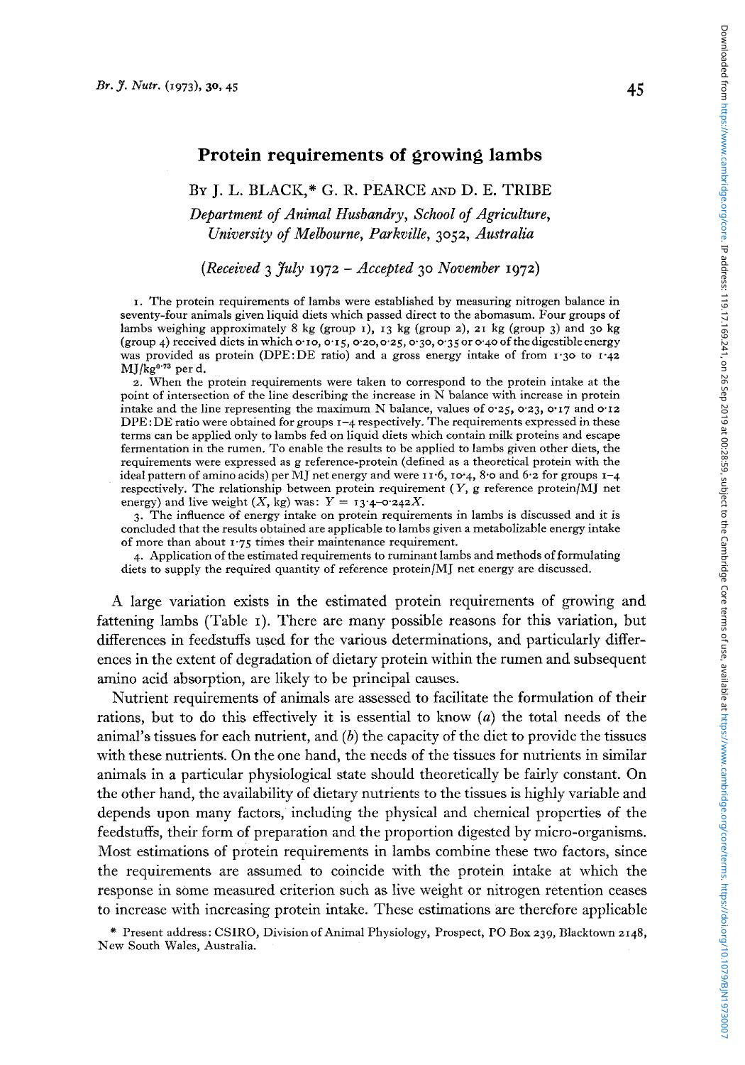 Protein requirements of growing lambs by J. L. Black G. R. Pearce D. E. Tribe