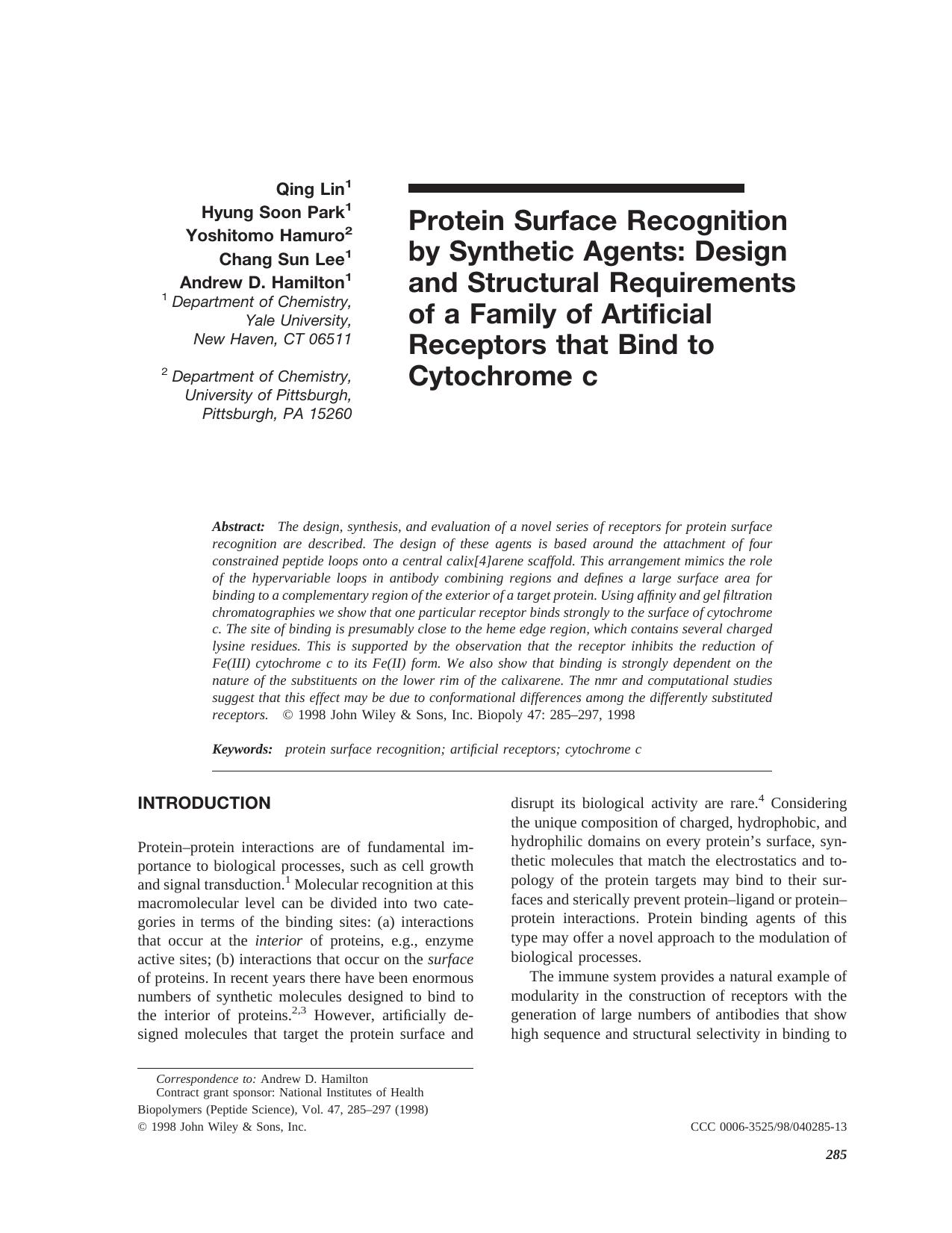 Protein surface recognition by synthetic agents: Design and structural requirements of a family of artificial receptors that bind to cytochrome C by Unknown