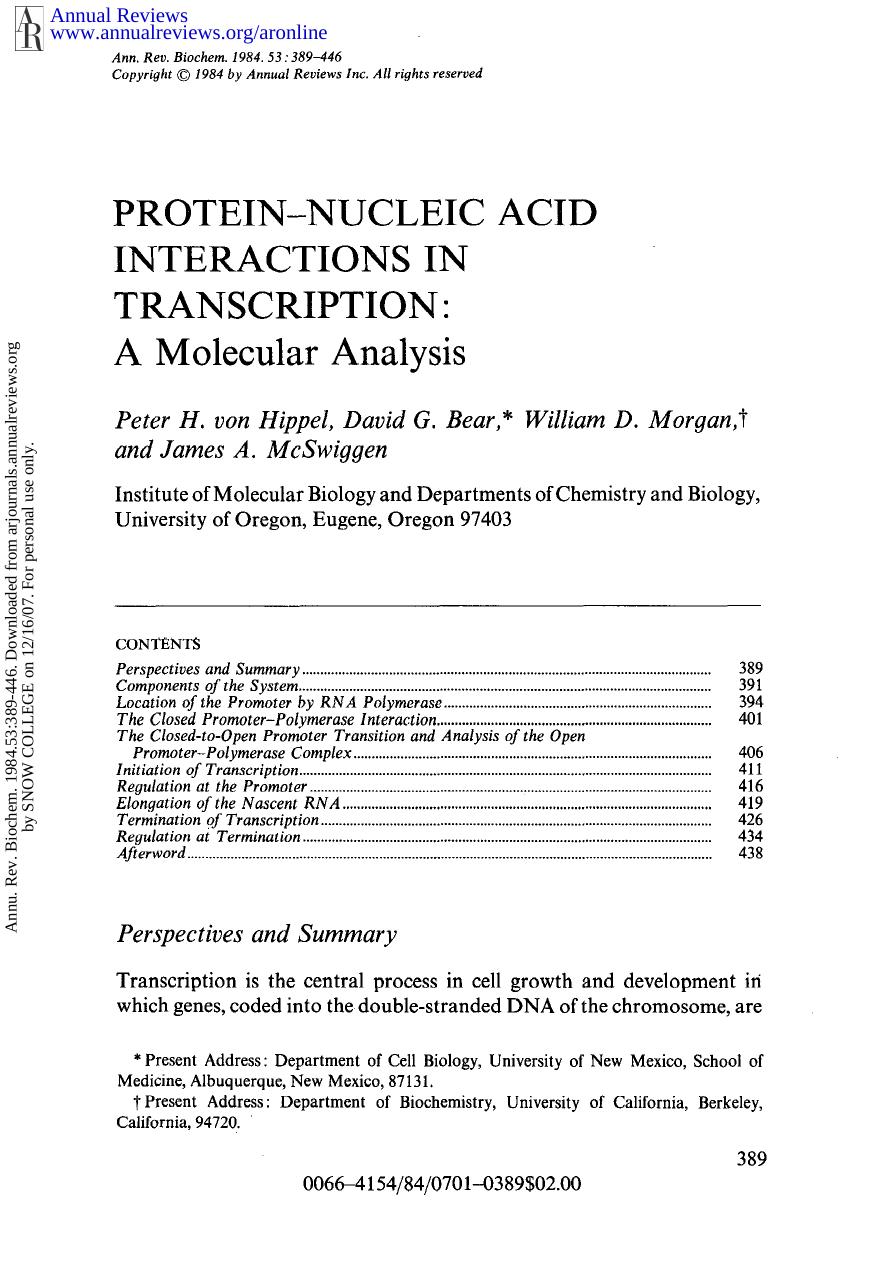 Protein-Nucleic Acid Interactions in Transcription: A Molecular Analysis by P H Hippel D G Bear W D Morgan & J A McSwiggen