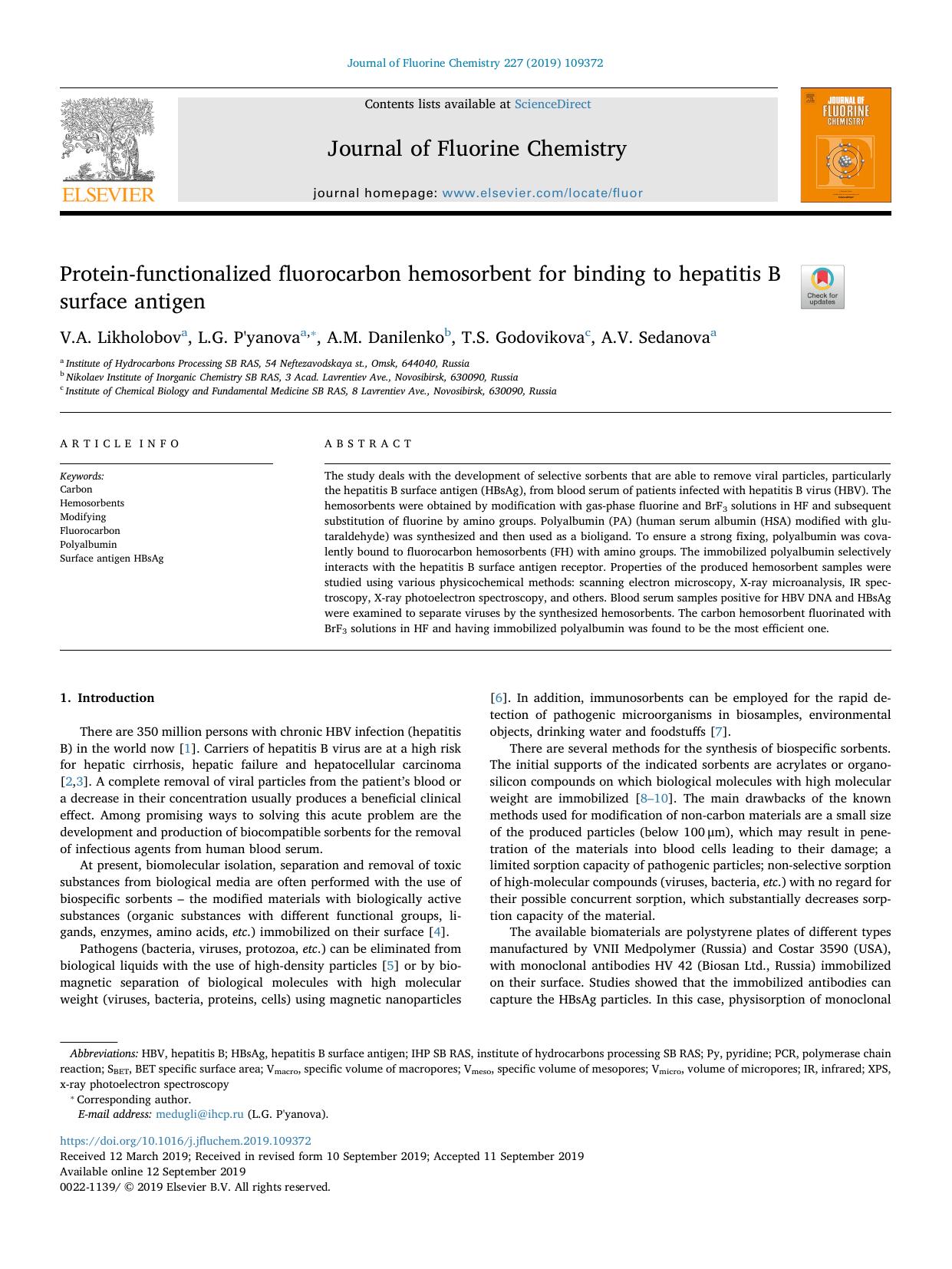 Protein-functionalized fluorocarbon hemosorbent for binding to hepatitis B surface antigen by V.A. Likholobov & L.G. P'yanova & A.M. Danilenko & T.S. Godovikova & A.V. Sedanova