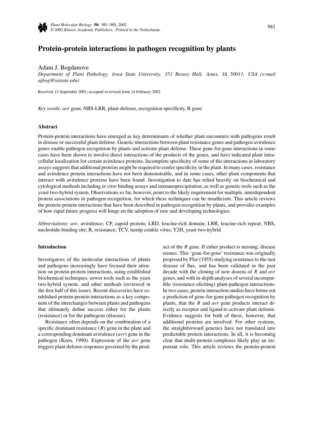 Protein-protein interactions in pathogen recognition by plants by Unknown