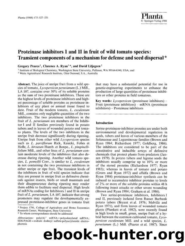 Proteinase inhibitors I and II in fruit of wild tomato species: Transient components of a mechanism for defense and seed dispersal by Unknown
