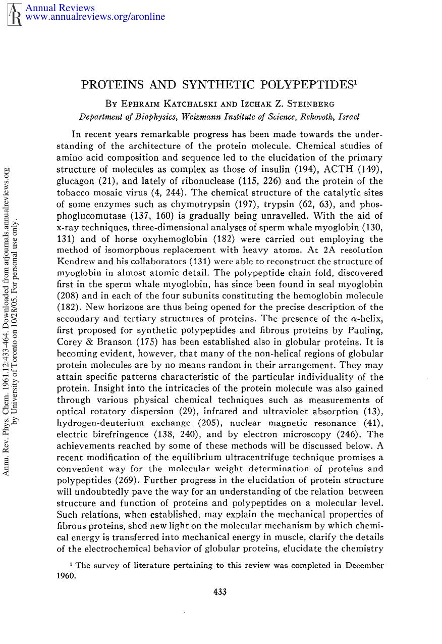 Proteins and Synthetic Polypeptides by E Katchalski & I Z Steinberg