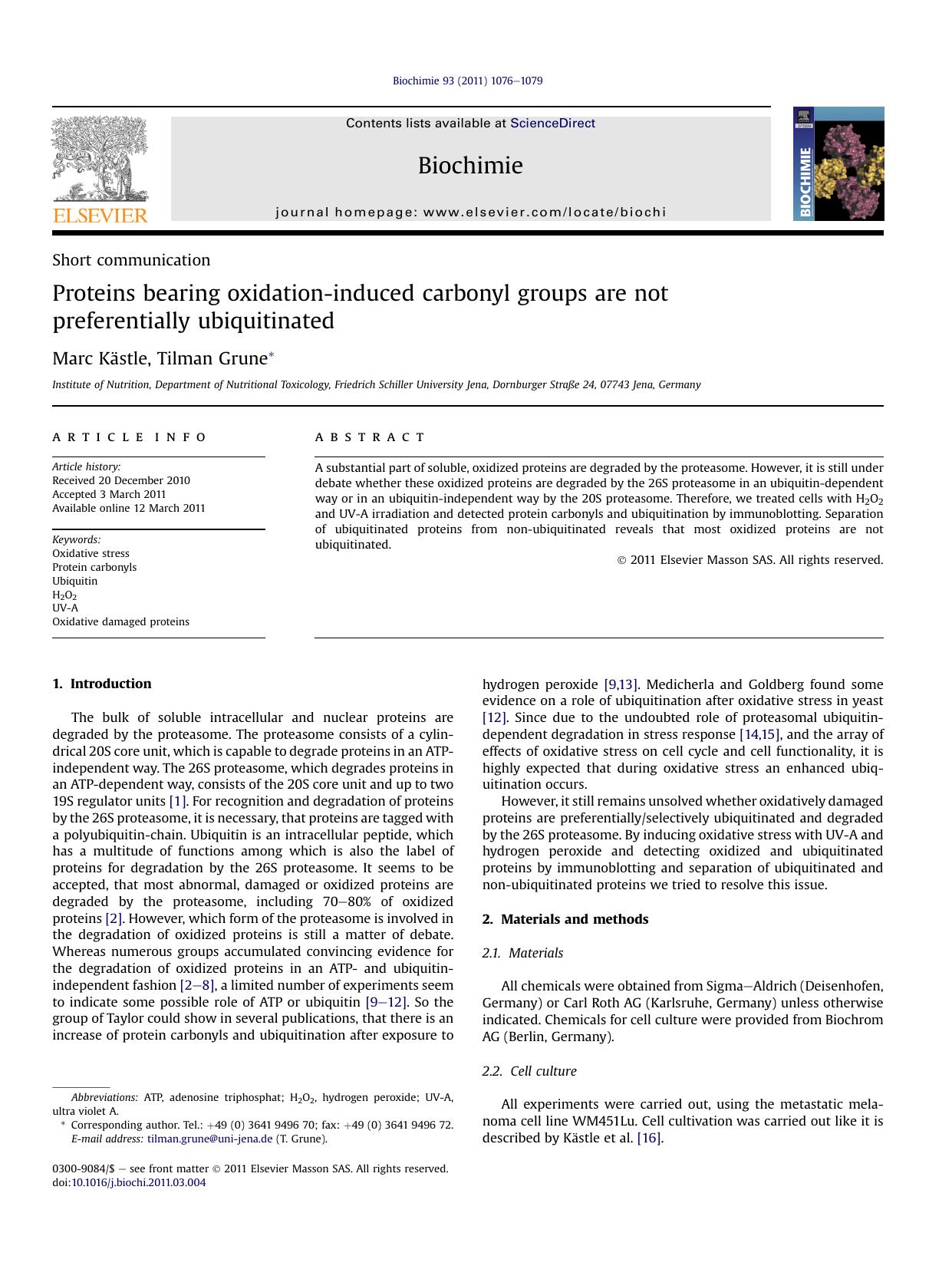 Proteins bearing oxidation-induced carbonyl groups are not preferentially ubiquitinated by Marc Kästle & Tilman Grune