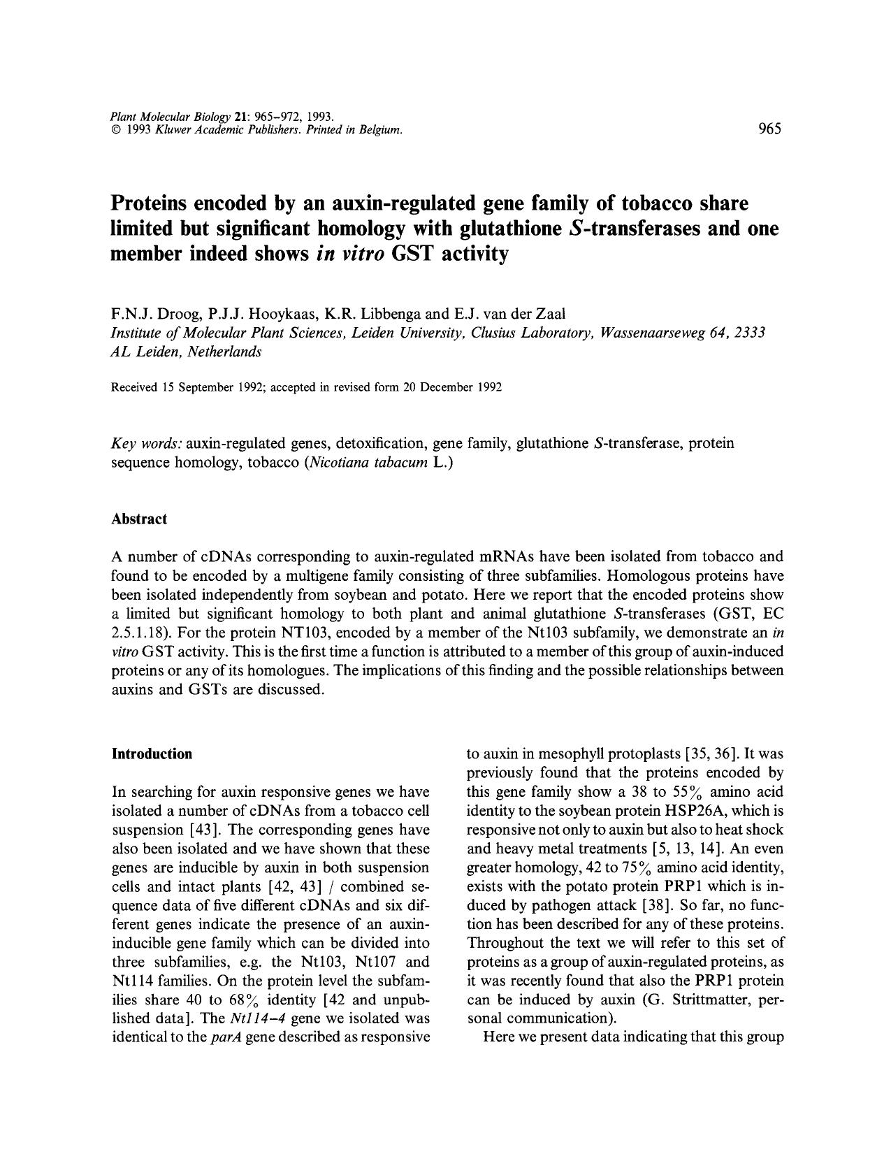 Proteins encoded by an auxin-regulated gene family of tobacco share limited but significant homology with glutathione <Emphasis Type="Italic">S <Emphasis>-transferases and one mem by Unknown
