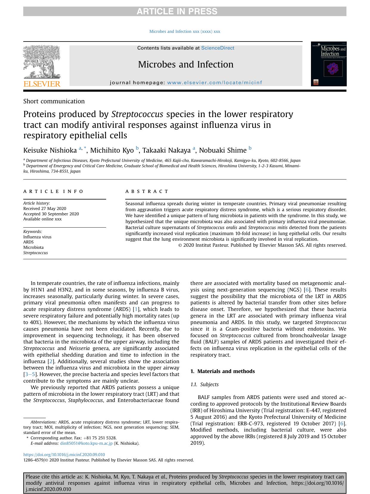 Proteins produced by Streptococcus species in the lower respiratory tract can modify antiviral responses against influenza virus in respiratory epithelial cells by Keisuke Nishioka & Michihito Kyo & Takaaki Nakaya & Nobuaki Shime