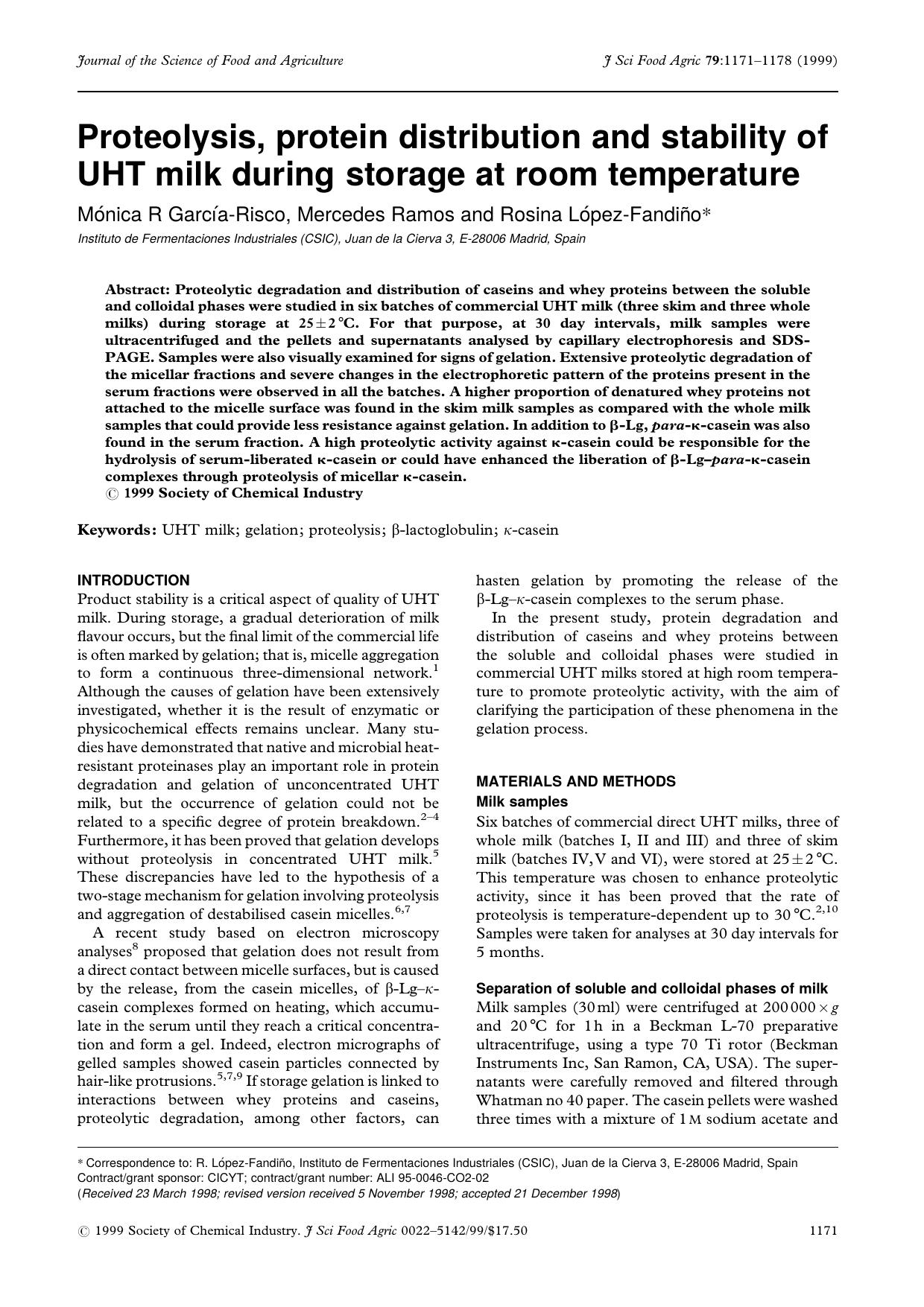 Proteolysis, protein distribution and stability of UHT milk during storage at room temperature by Unknown