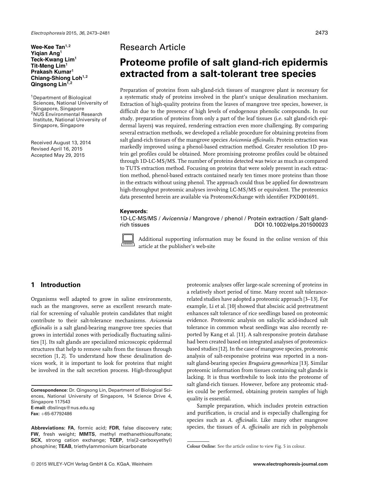 Proteome profile of salt gland‐rich epidermis extracted from a salt‐tolerant tree species by Unknown