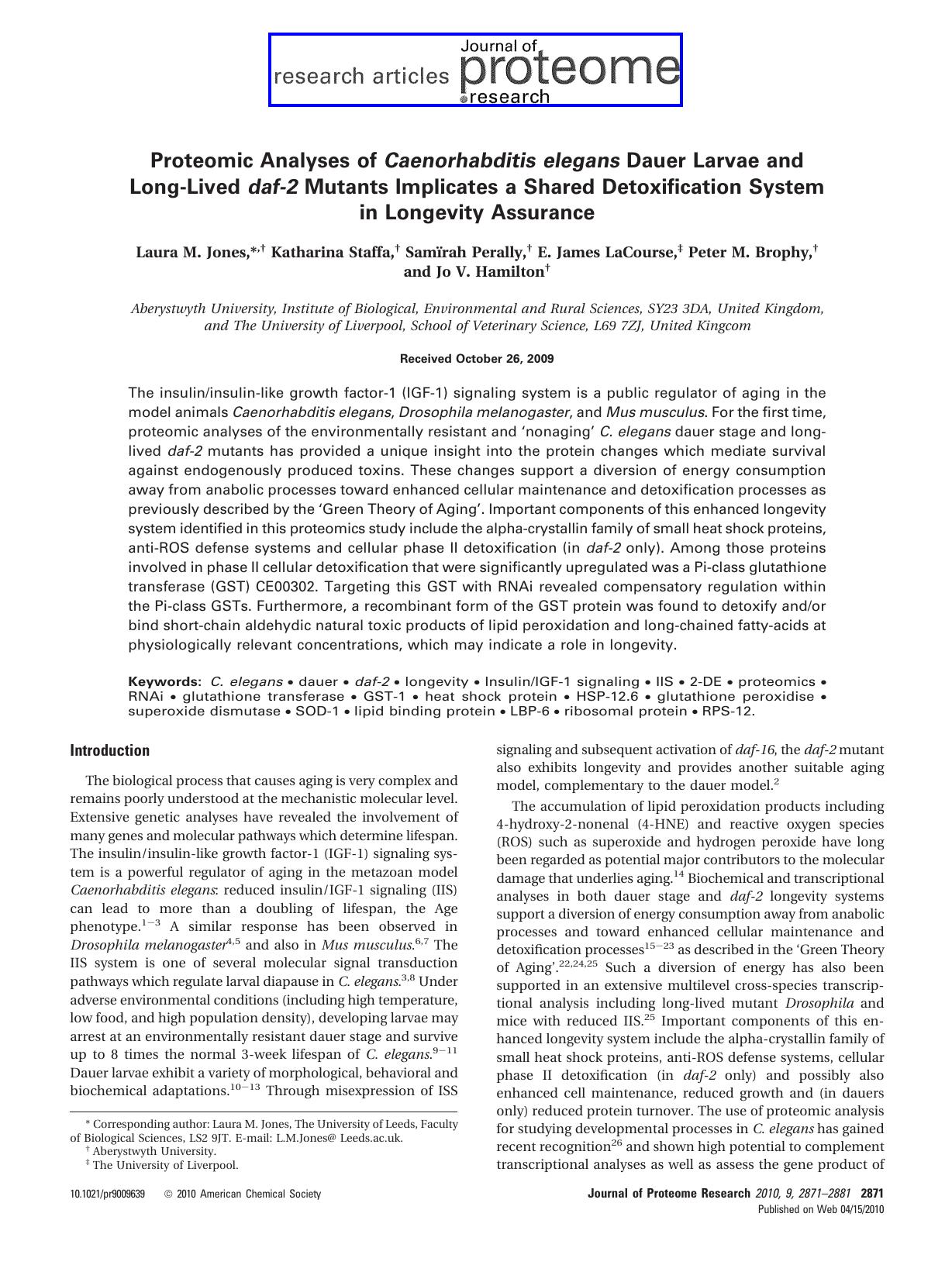 Proteomic Analyses of <italic>Caenorhabditis elegans<italic> Dauer Larvae and Long-Lived <italic>daf-2<italic> Mutants Implicates a Shared Detoxification System in Longevity Assurance by Unknown