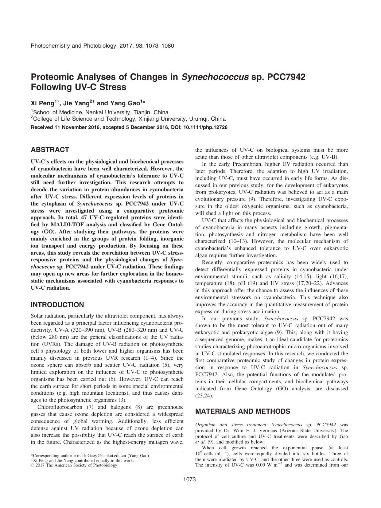 Proteomic Analyses of Changes in Synechococcus sp. PCC7942 Following UVâC Stress by Unknown