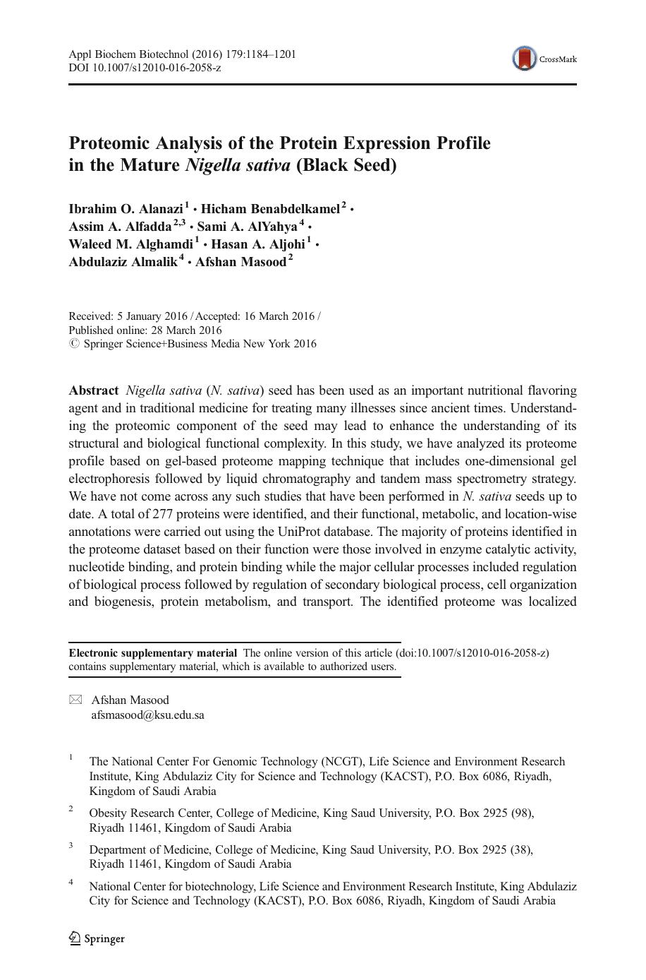 Proteomic Analysis of the Protein Expression Profile in the Mature Nigella sativa (Black Seed) by unknow