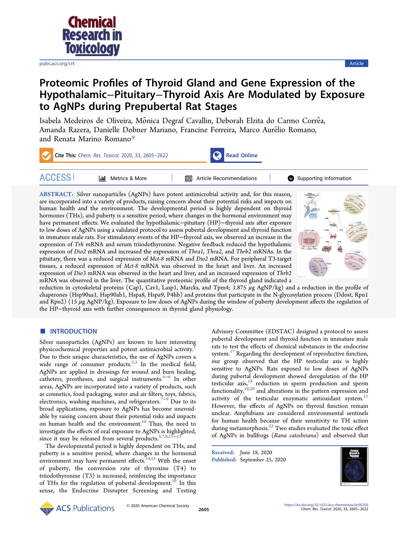 Proteomic Profiles of Thyroid Gland and Gene Expression of the HypothalamicâPituitaryâThyroid Axis Are Modulated by Exposure to AgNPs during Prepubertal Rat Stages by unknow