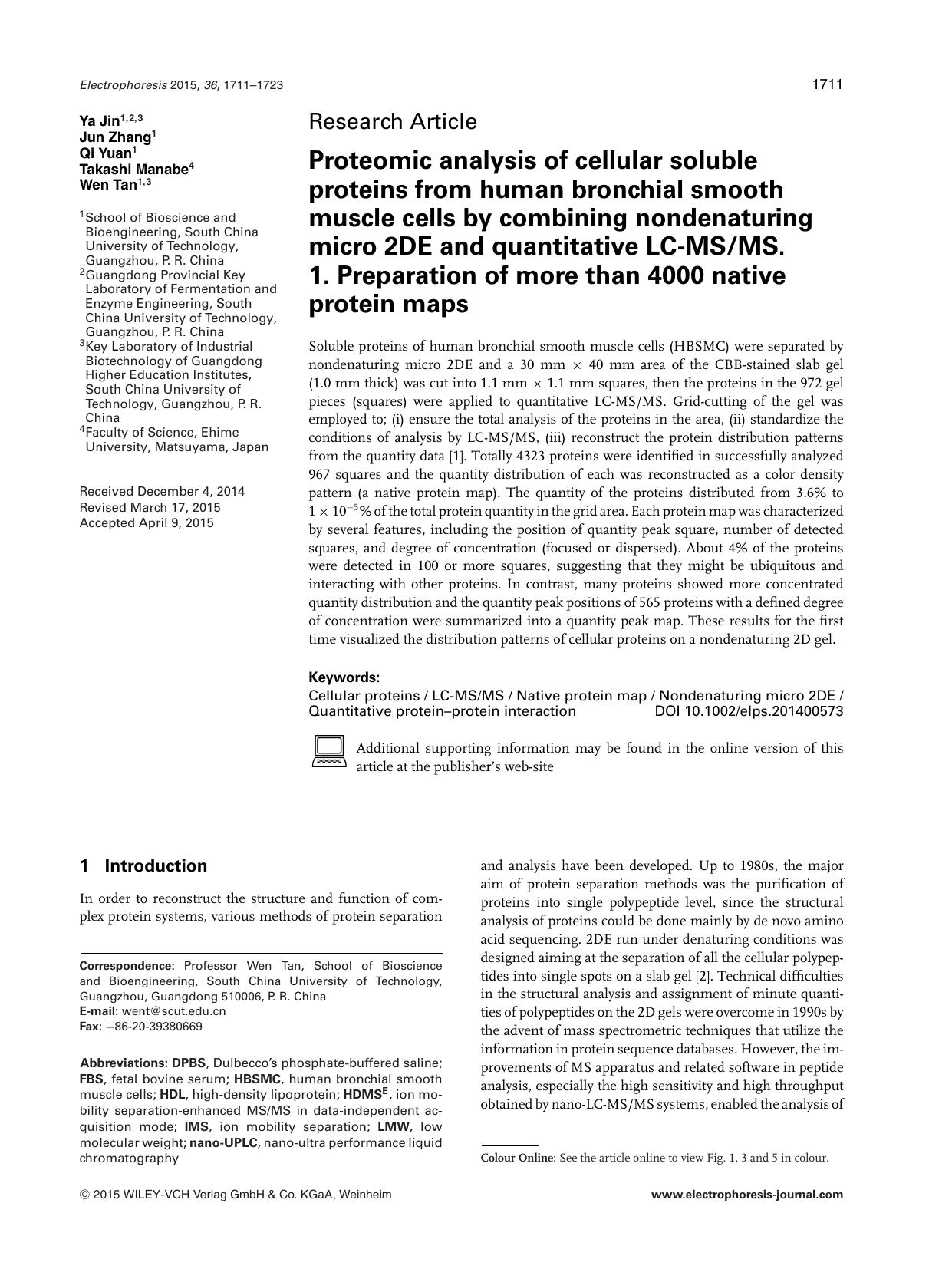 Proteomic analysis of cellular soluble proteins from human bronchial smooth muscle cells by combining nondenaturing micro 2DE and quantitative LC&#x02010;MS&#x0002F;MS. 1. Preparat by Unknown