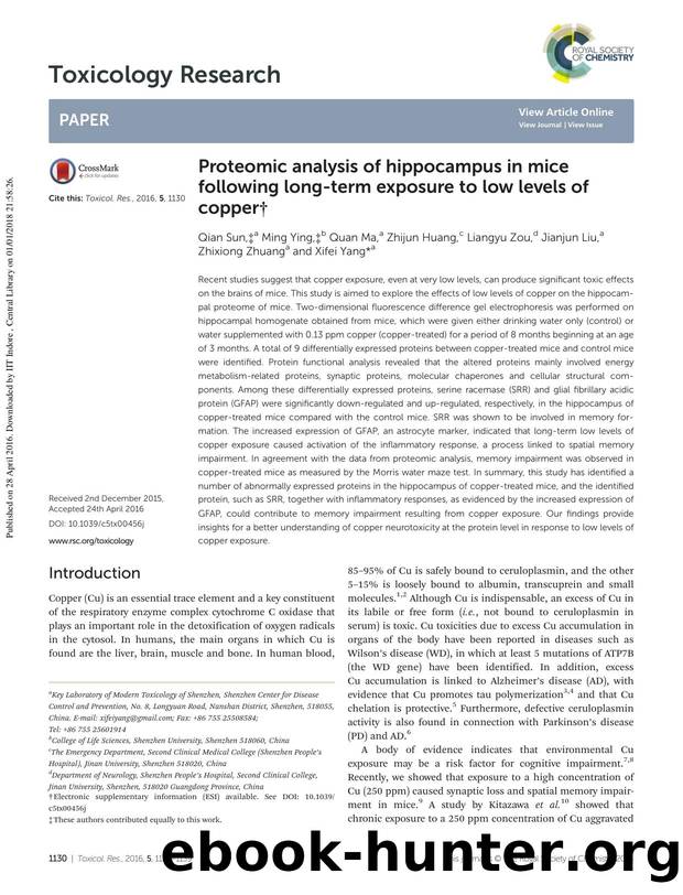 Proteomic analysis of hippocampus in mice following long-term exposure to low levels of copper by Qian Sun Ming Ying Quan Ma Zhijun Huang Liangyu Zou Jianjun Liu Zhixiong Zhuang Xifei Yang