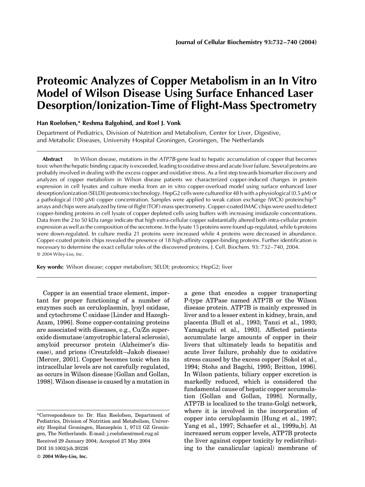 Proteomic analyzes of copper metabolism in an in vitro model of Wilson disease using surface enhanced laser desorptionionization-time of flight-mass spectrometry by Unknown