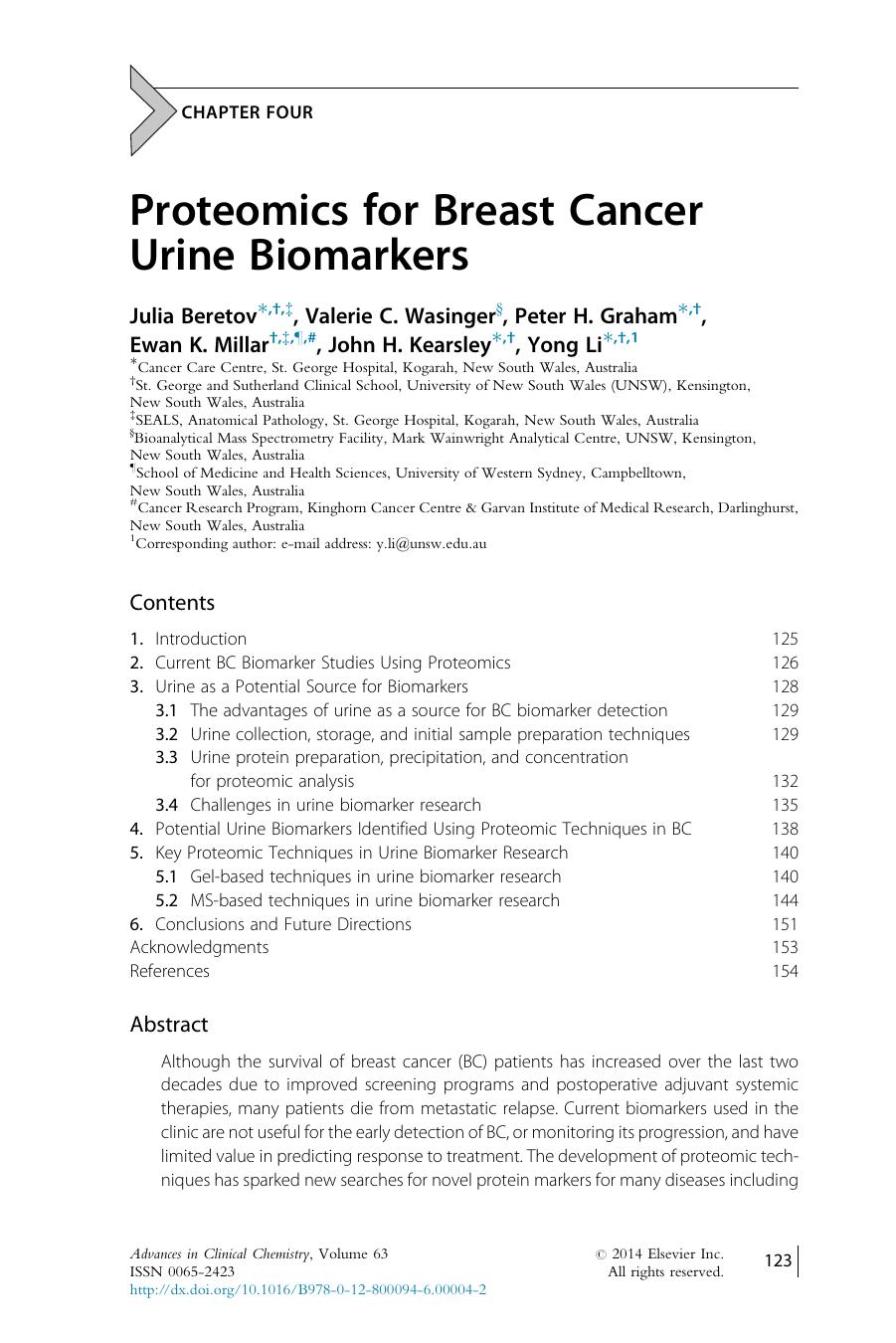 Proteomics for Breast Cancer Urine Biomarkers by Julia Beretov & Valerie C. Wasinger & Peter H. Graham & Ewan K. Millar & John H. Kearsley & Yong Li