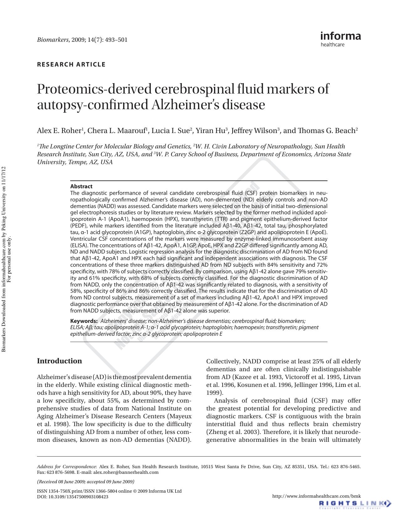 Proteomics-derived cerebrospinal fluid markers of autopsy-confirmed Alzheimerâs disease by Alex E. Roher Chera L. Maarouf Lucia I. Sue Yiran Hu Jeffrey Wilson & Thomas G. Beach