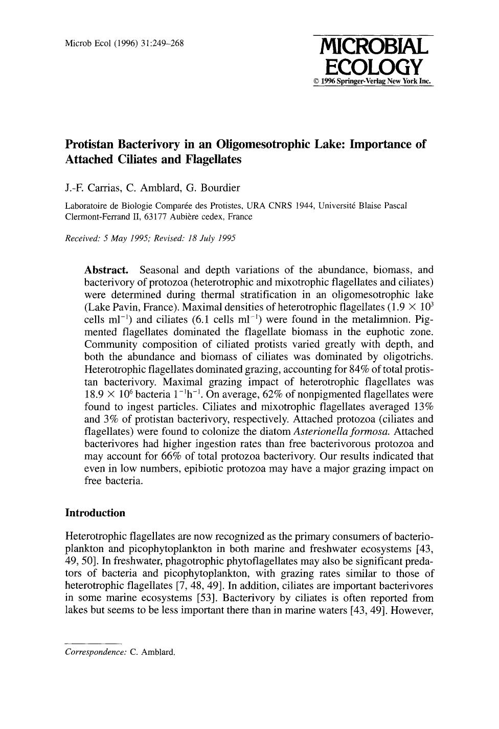 Protistan bacterivory in an oligomesotrophic lake: Importance of attached ciliates and flagellates by Unknown
